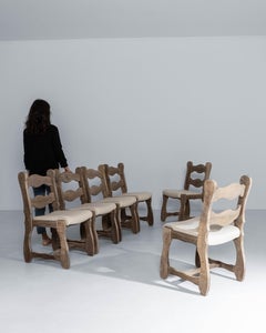 Set Of Six 1970s French Oak Dining Chairs With Upholstered Seats