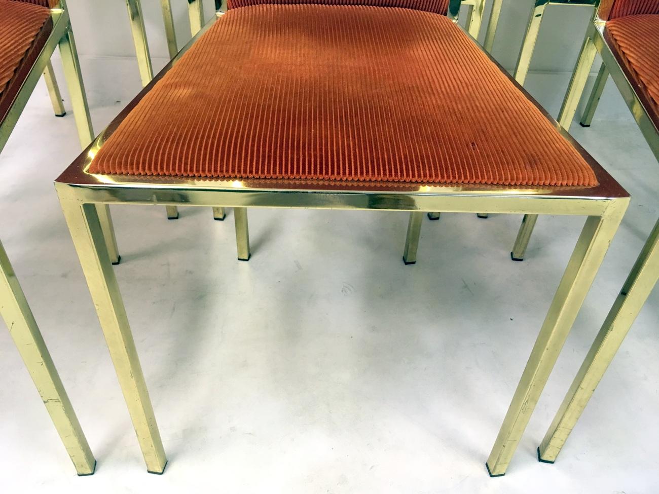 A set of six dining chairs
Gold lacquered frames
Orange corduroy upholstery
French
1970s
Seat height 46cm.