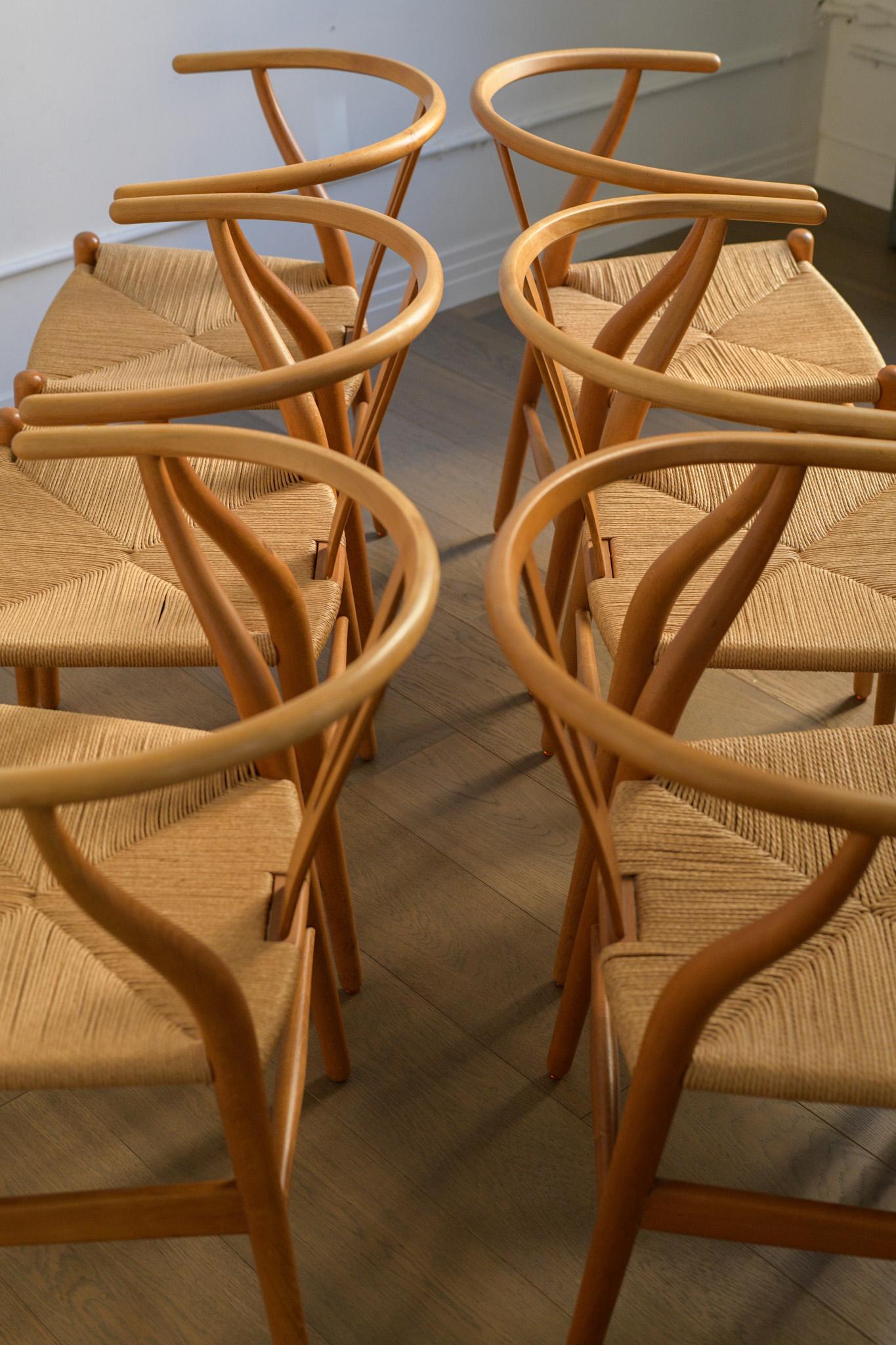 Tessuto a mano Set di sei sedie Wishbone di Hansen degli anni '70 per Carl Hansen & Søn, Danimarca. in vendita