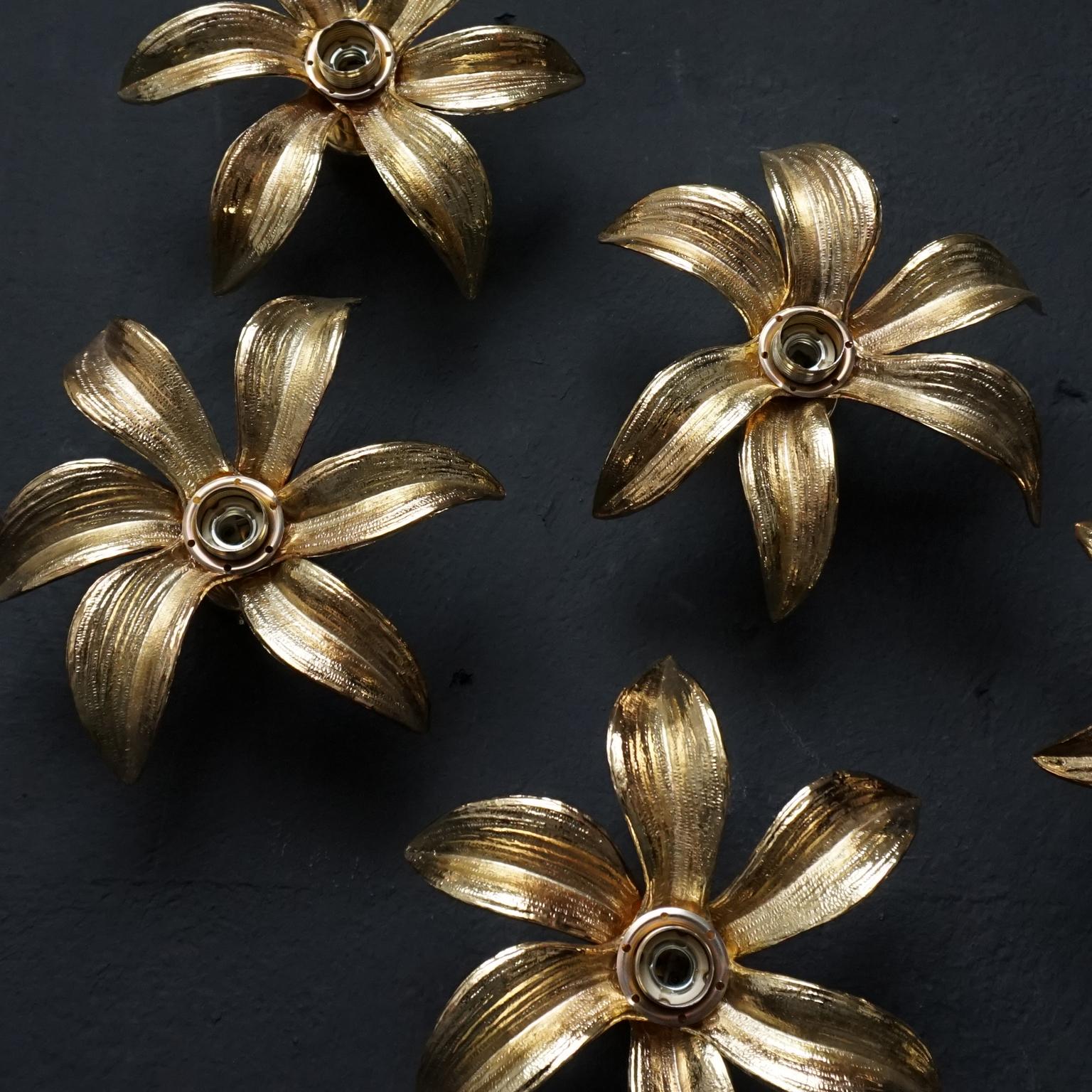 Set of Six 1970s Hollywood Regency Belgium Willy Daro Brass Flower Wall Lights 1