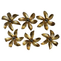 Set of Six 1970s Hollywood Regency Belgium Willy Daro Brass Flower Wall Lights