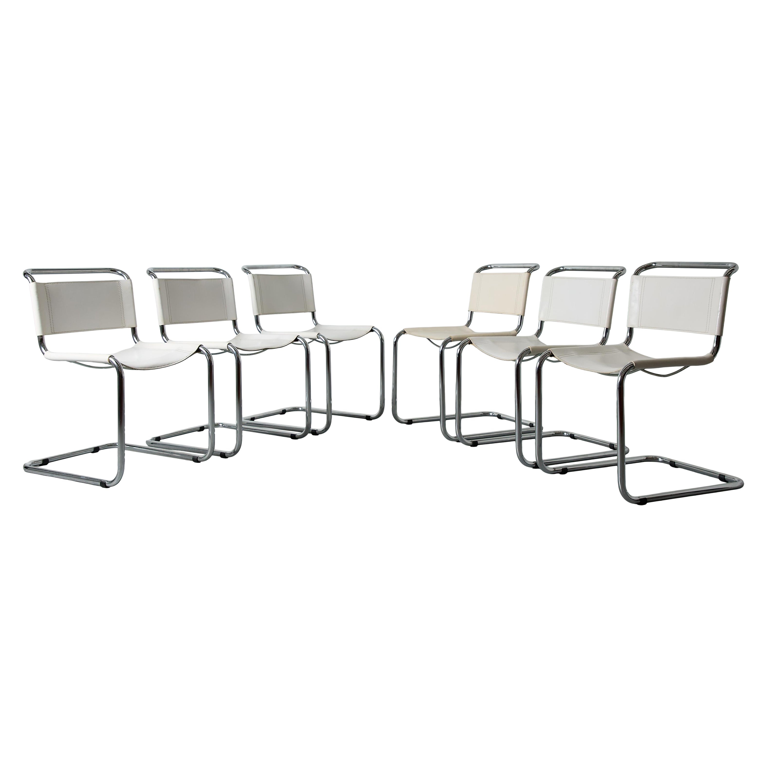 Set of Six 1970s Matteograssi Style Cantilevered Chrome & White Leather Chairs For Sale