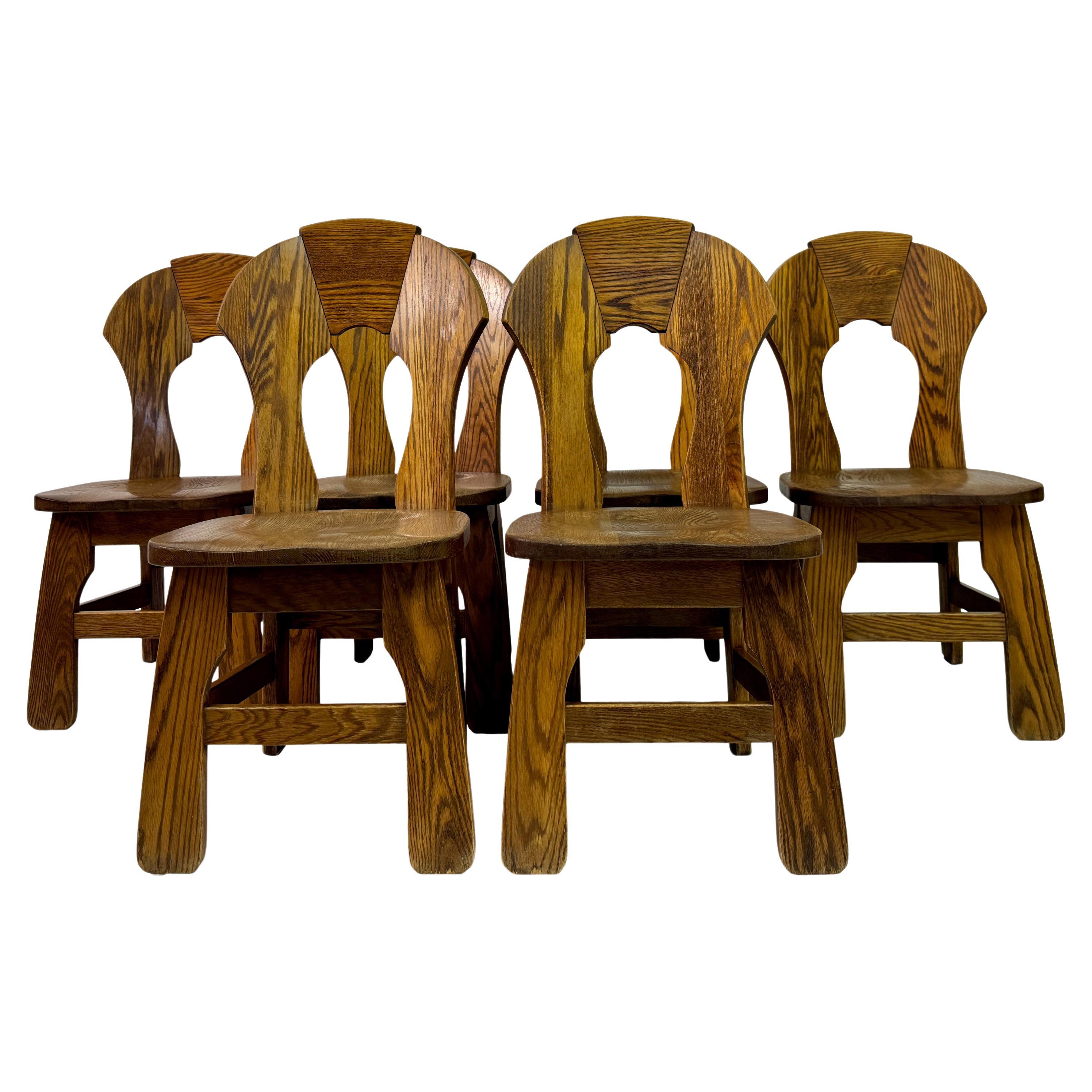 Set di sei sedie da pranzo brutaliste in Oak degli anni '70