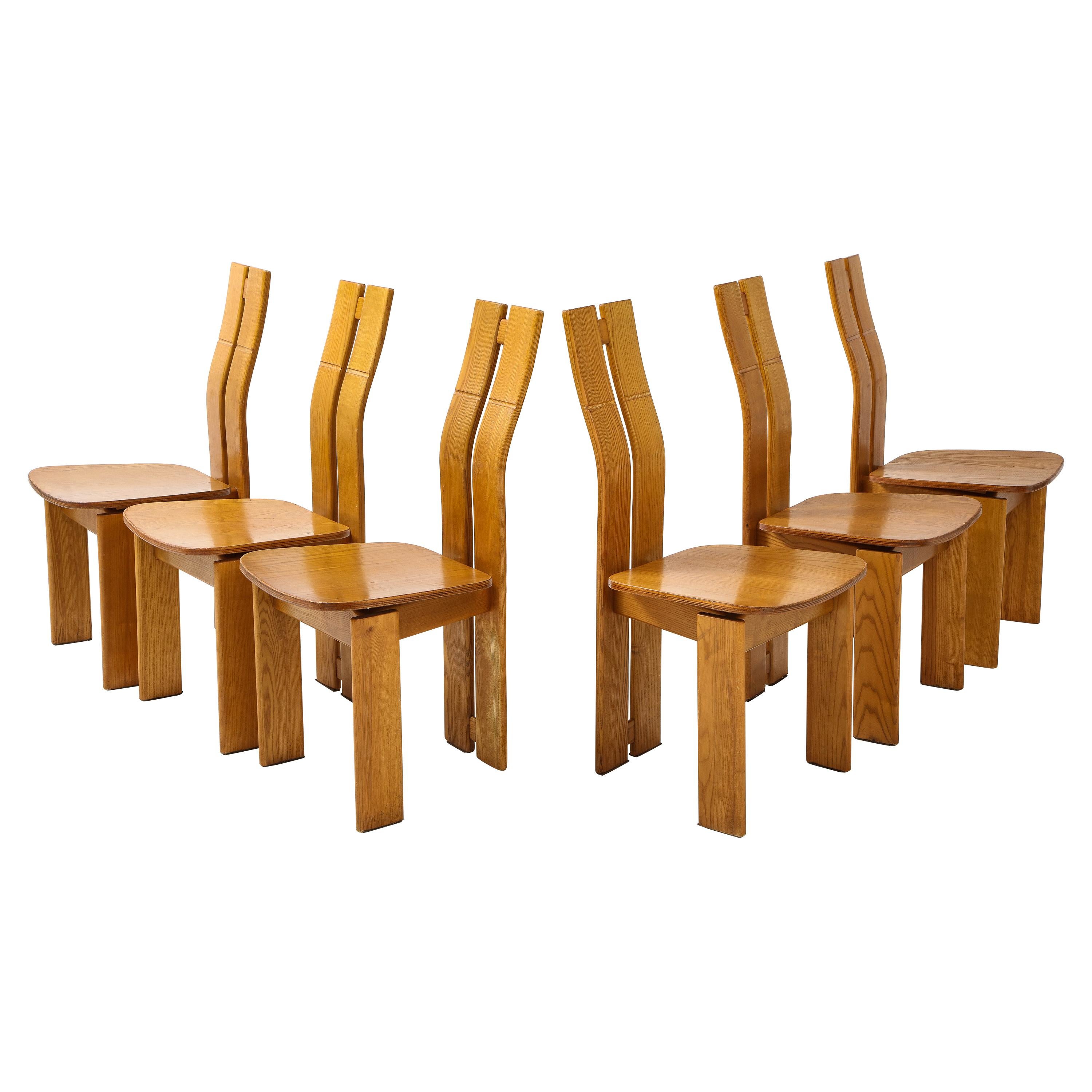 Set of Six 1970's Organic Modernist Italian Oak Dining Chairs