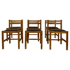 Set Of Six 1970S Pine Dining Chairs In Brown Boucle