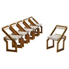 Set of Six 1970s Sculptural Geometric Chairs in Expressive Grain Wood and Brass