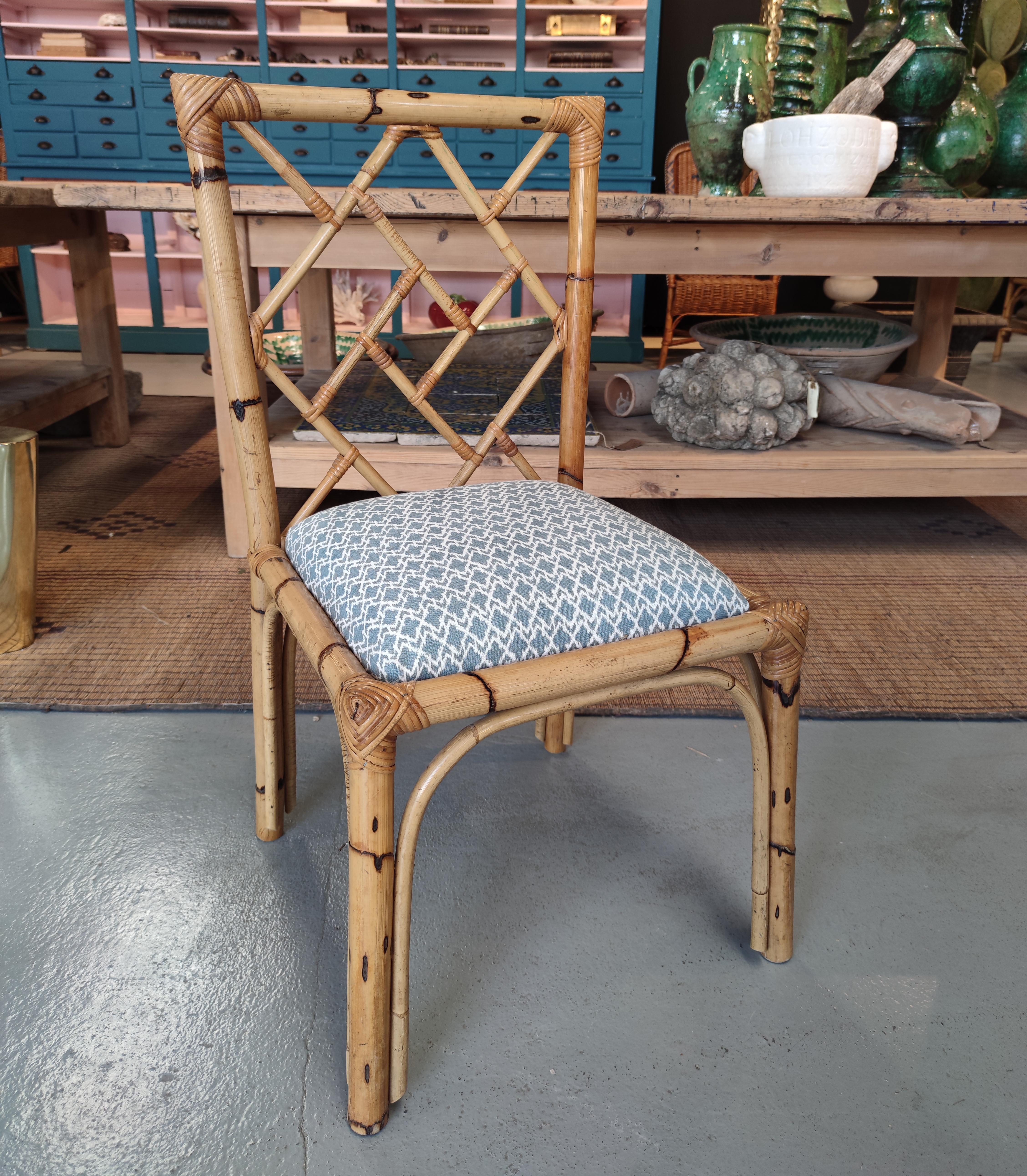 Set of six 1970s vintage Spanish hand woven wicker and cane chairs.