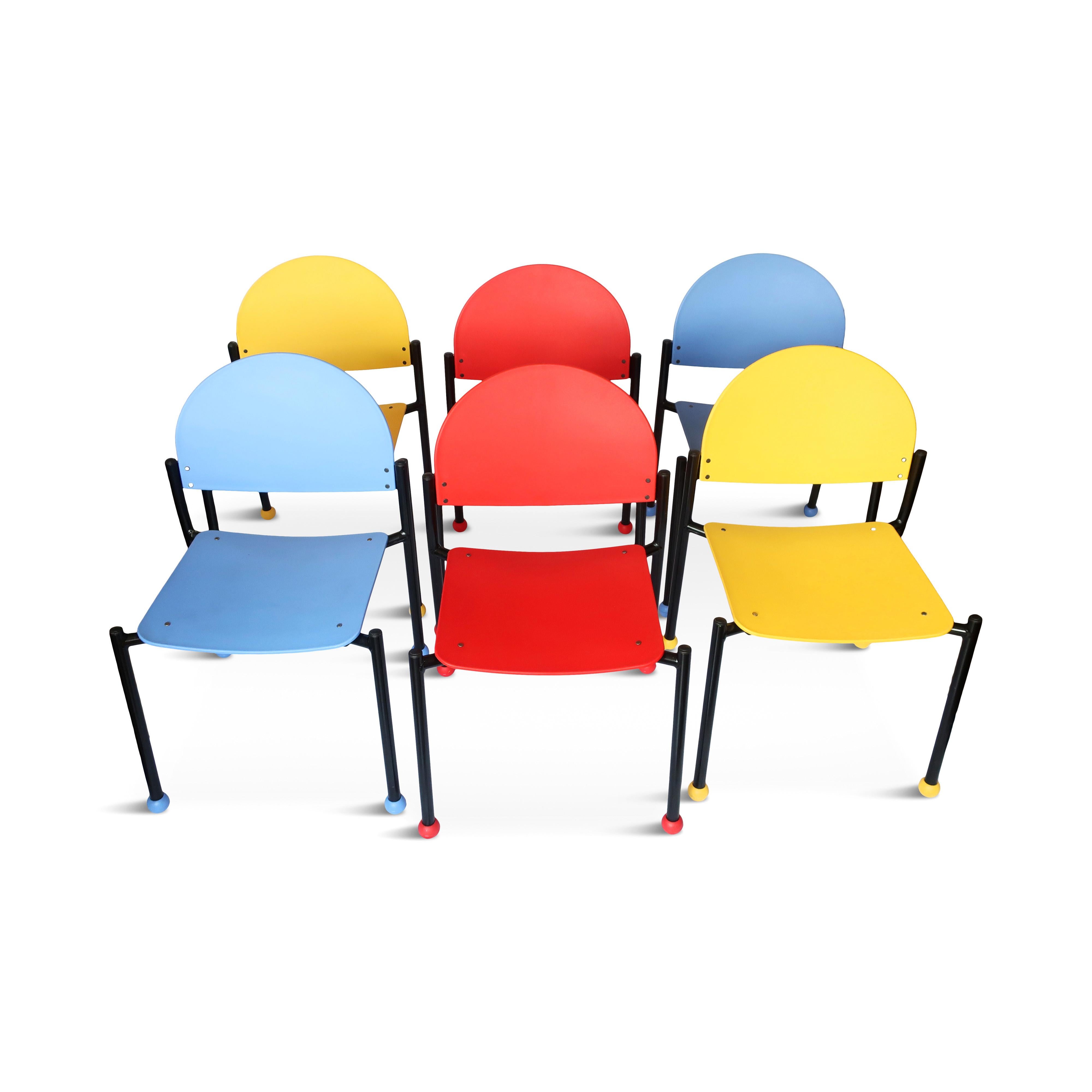 The Bola chair was designed in 1988 by Ron Kemnitzer for Fixtures Furniture Company and was winner of the Institute of Business Design (IBD) Gold Award.  An extremely fun and practical chair, this set of six is a mix of two red, two blue, and two