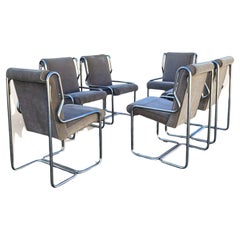 Set of Six 1980s Chrome Cantilever Dining Chairs with Gray Velvet
