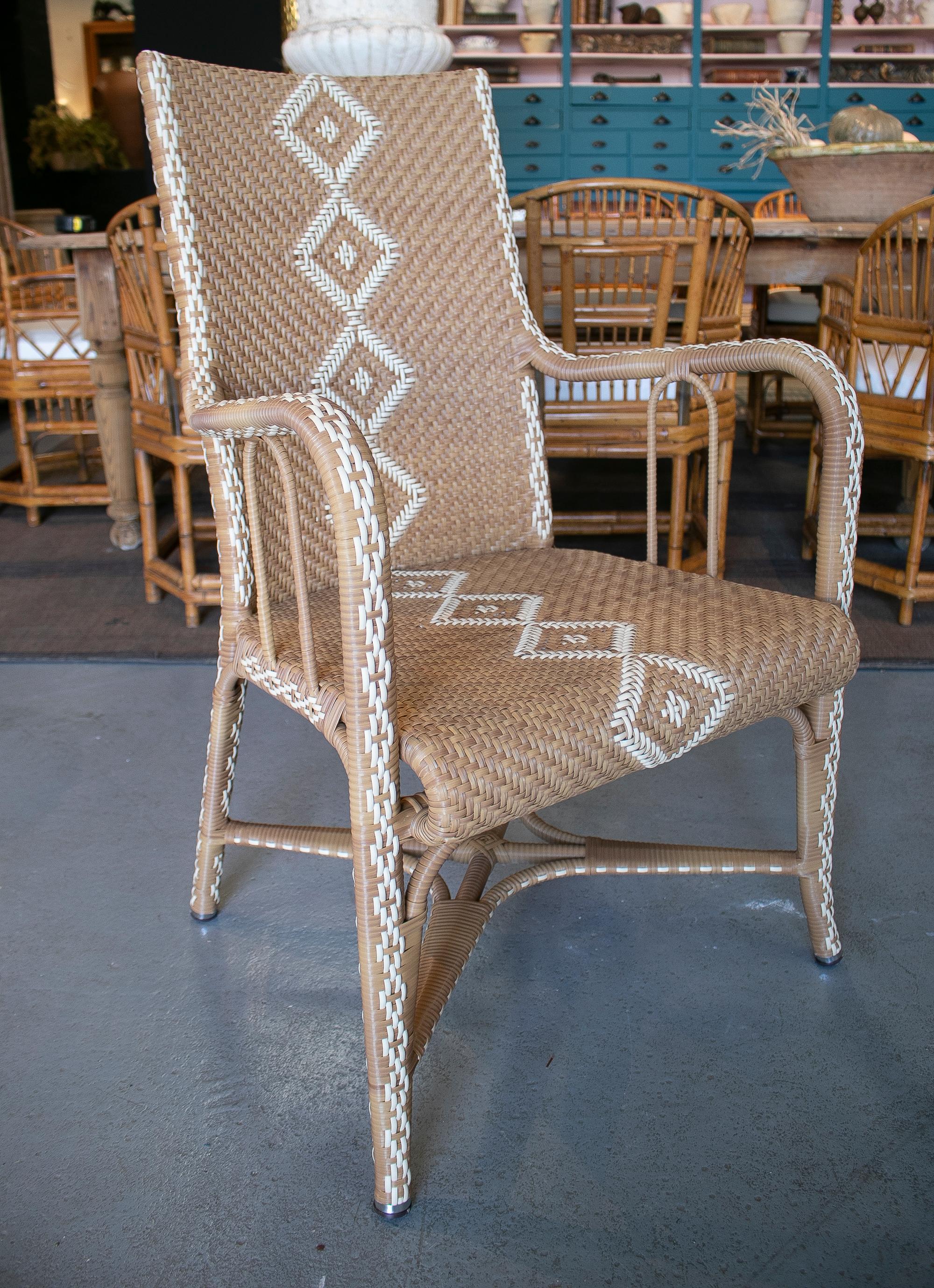 Set of six vintage 1980s Spanish hand woven synthetic fibre garden armchairs wit 45 cm tall backrests.