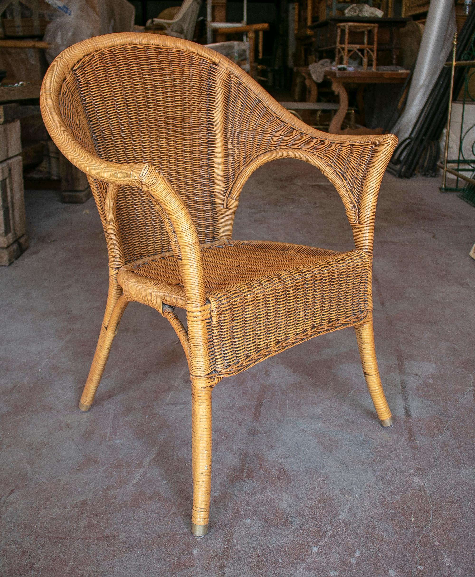 Set of six vintage 1980s Spanish woven wicker and bamboo chairs.