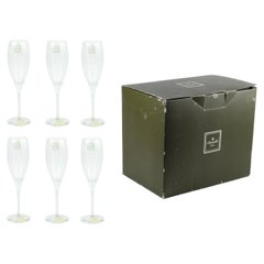Set of Six 1990s 'Iriana' Blown Crystal Champagne Flutes by Christofle, France