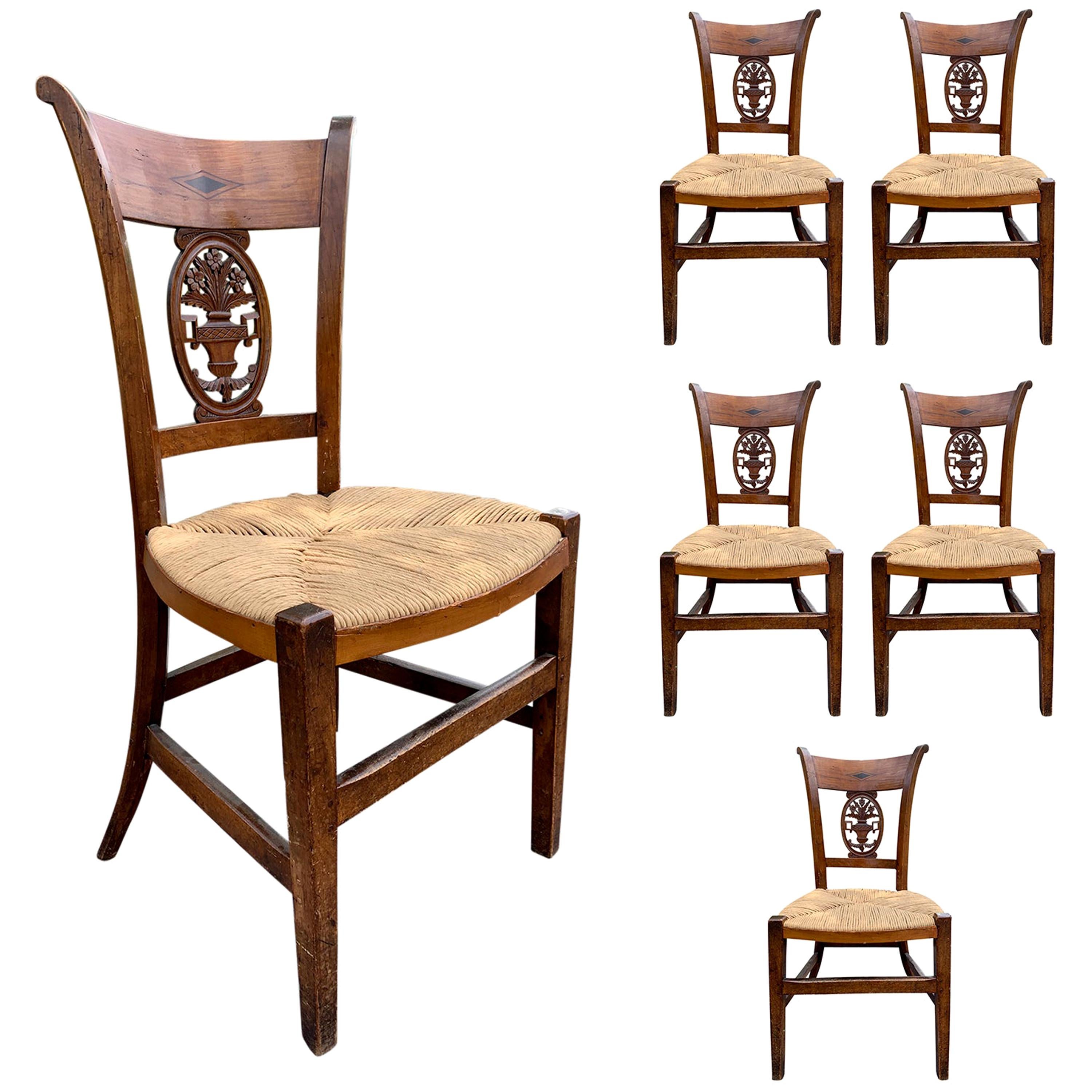 Set of Six 19th-20th Century French Country Side Chairs with Rush Seats