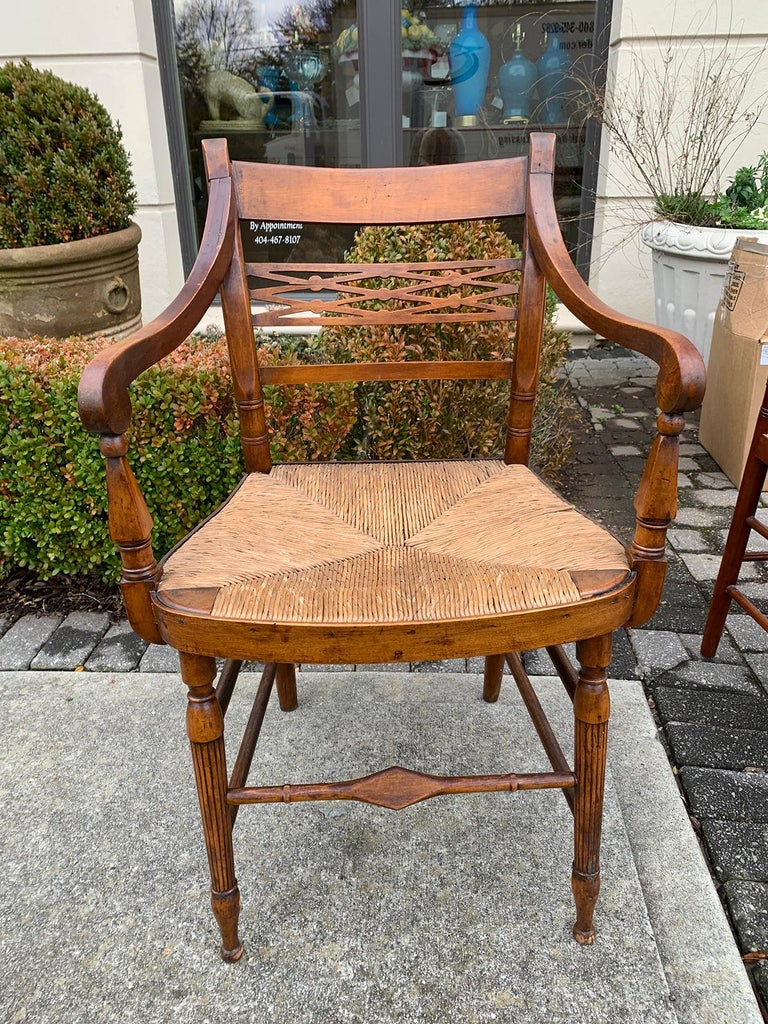 Set of Six 19th Century American Sheraton Maple Chairs with Rush Seats