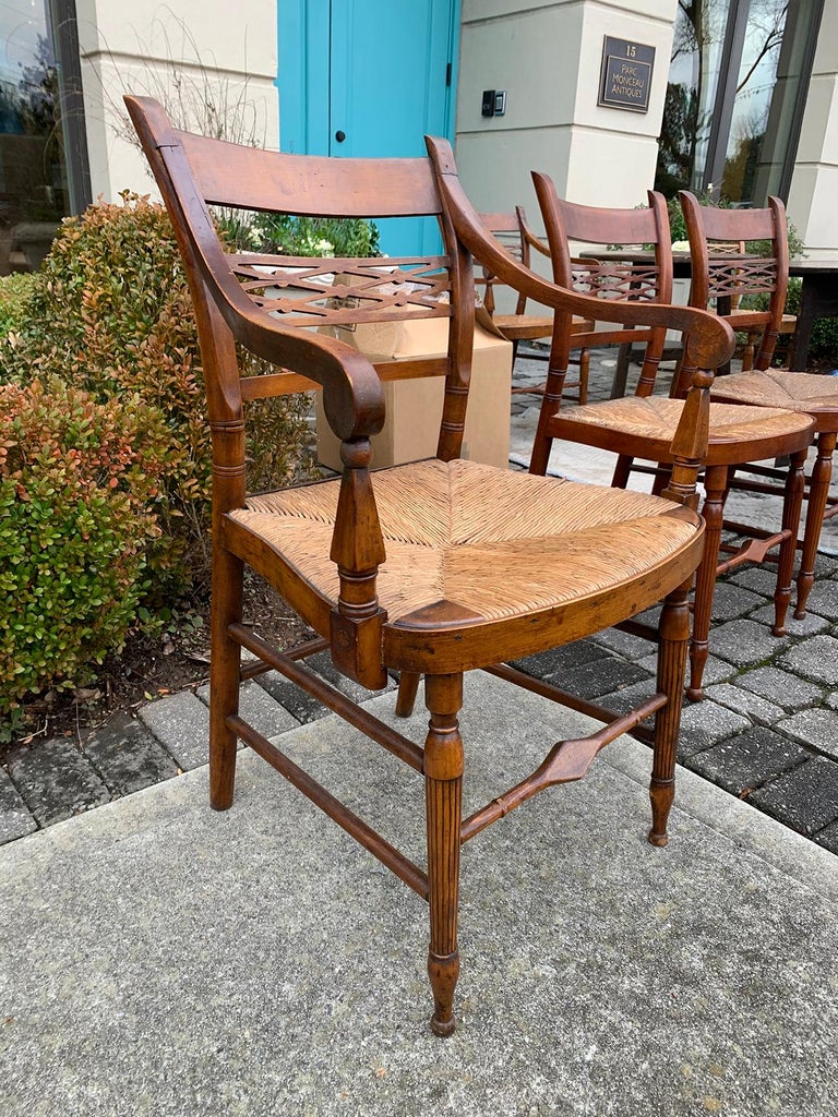 Set of Six 19th Century American Sheraton Maple Chairs with Rush Seats