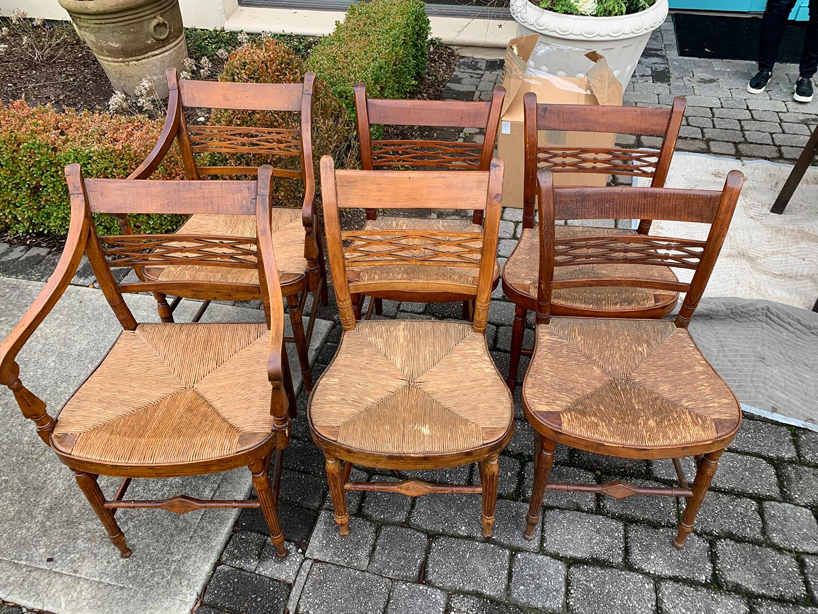 Set of six 19th century American Sheraton maple chairs with rush seats
Two arms, four sides
Measures: Sides: 18.75