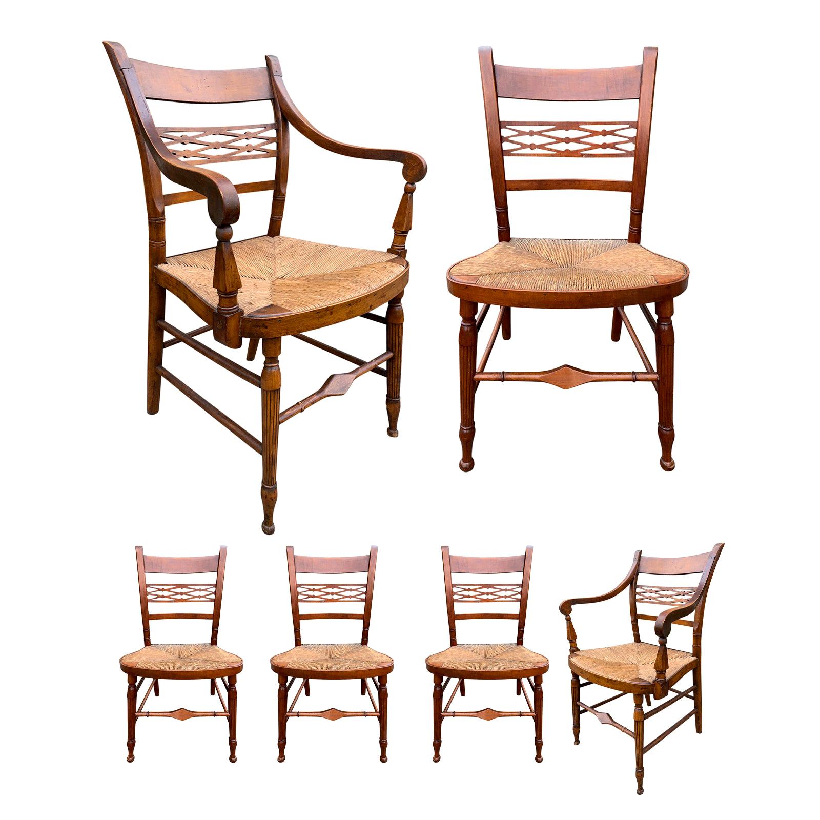 Set of Six 19th Century American Sheraton Maple Chairs with Rush Seats