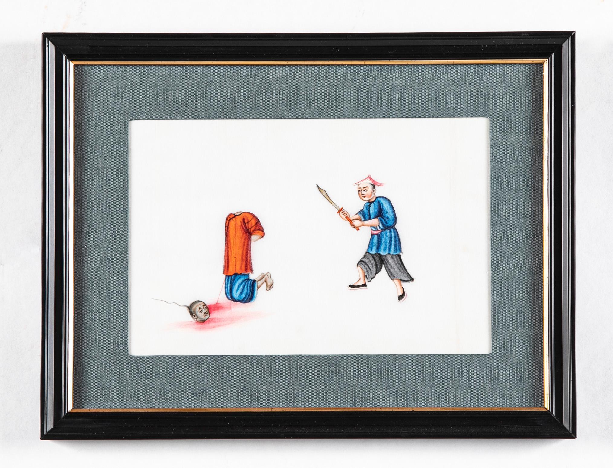 A very unusual and intriguing rare set of six 19th century Chinese gouaches depicting scenes of corporal punishment, and in one, execution. Painted on pith paper in vibrant colors, the images are disturbing yet have historical value. One shows a