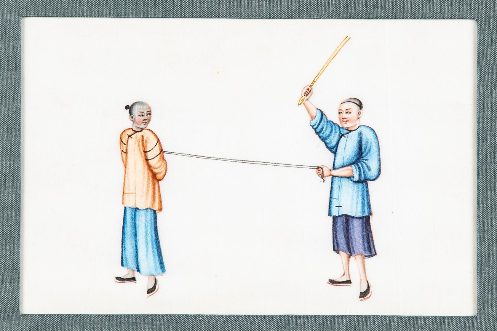 XIXe siècle Ensemble de six peintures à la gouache sur papier de riz d'exportation chinoise du 19ème siècle en vente