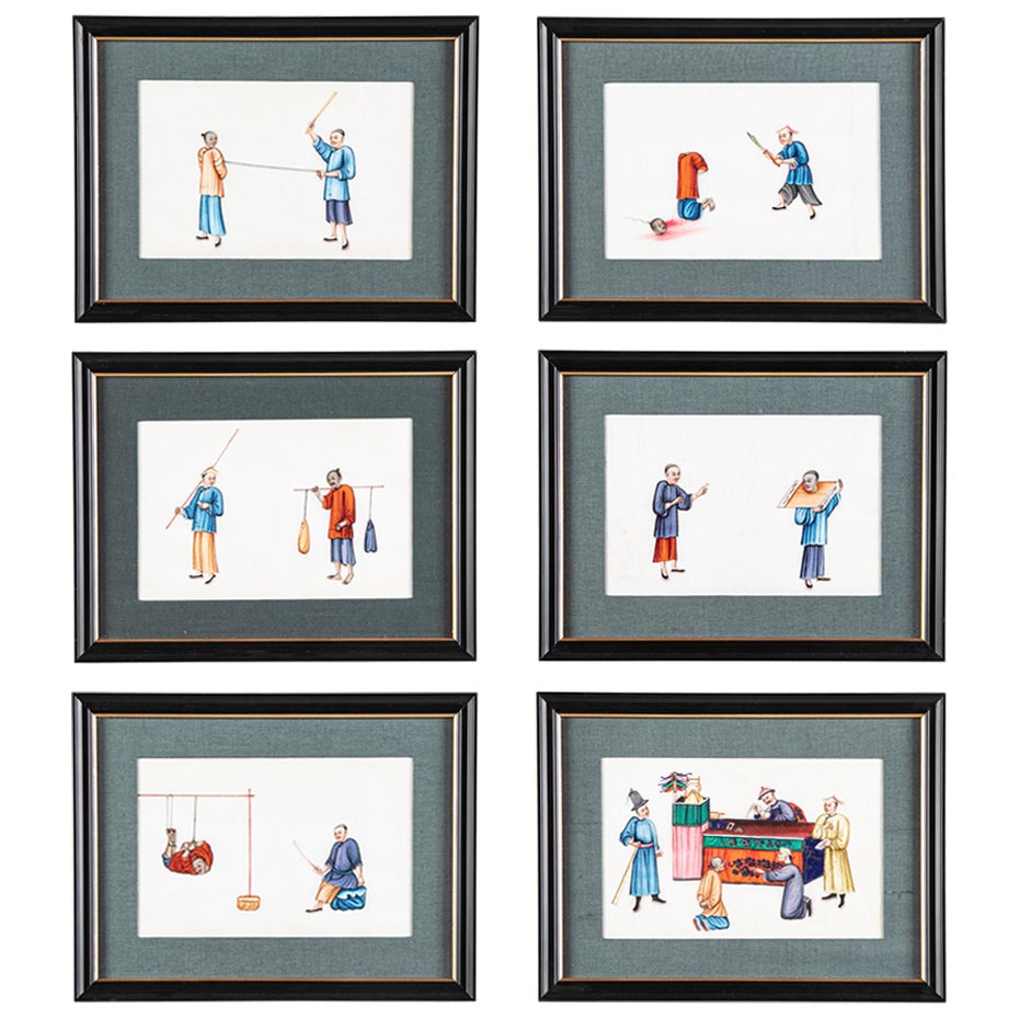 Ensemble de six peintures à la gouache sur papier de riz d'exportation chinoise du 19ème siècle