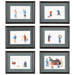 Ensemble de six peintures à la gouache sur papier de riz d'exportation chinoise du 19ème siècle