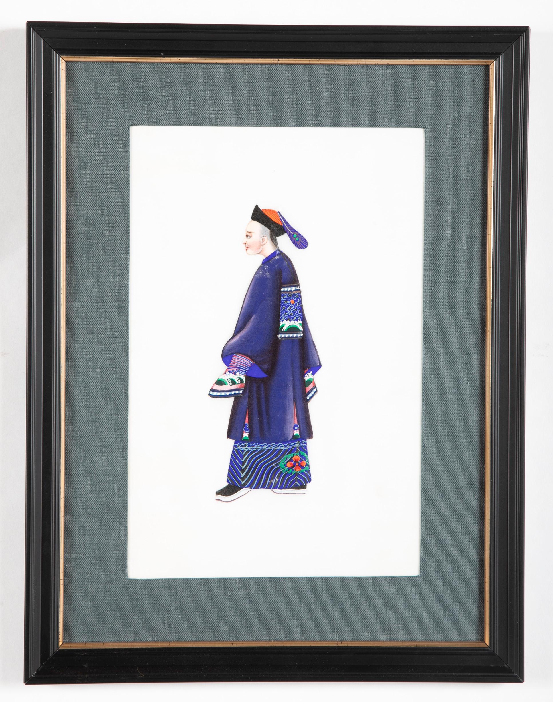 A charming and rare set of six Chinese gouaches of male and female nobility in various costumes, painted on pith paper. Beautifully framed and matted.
During the 18th and 19th centuries many port cities of China were shipping and trading hubs, with