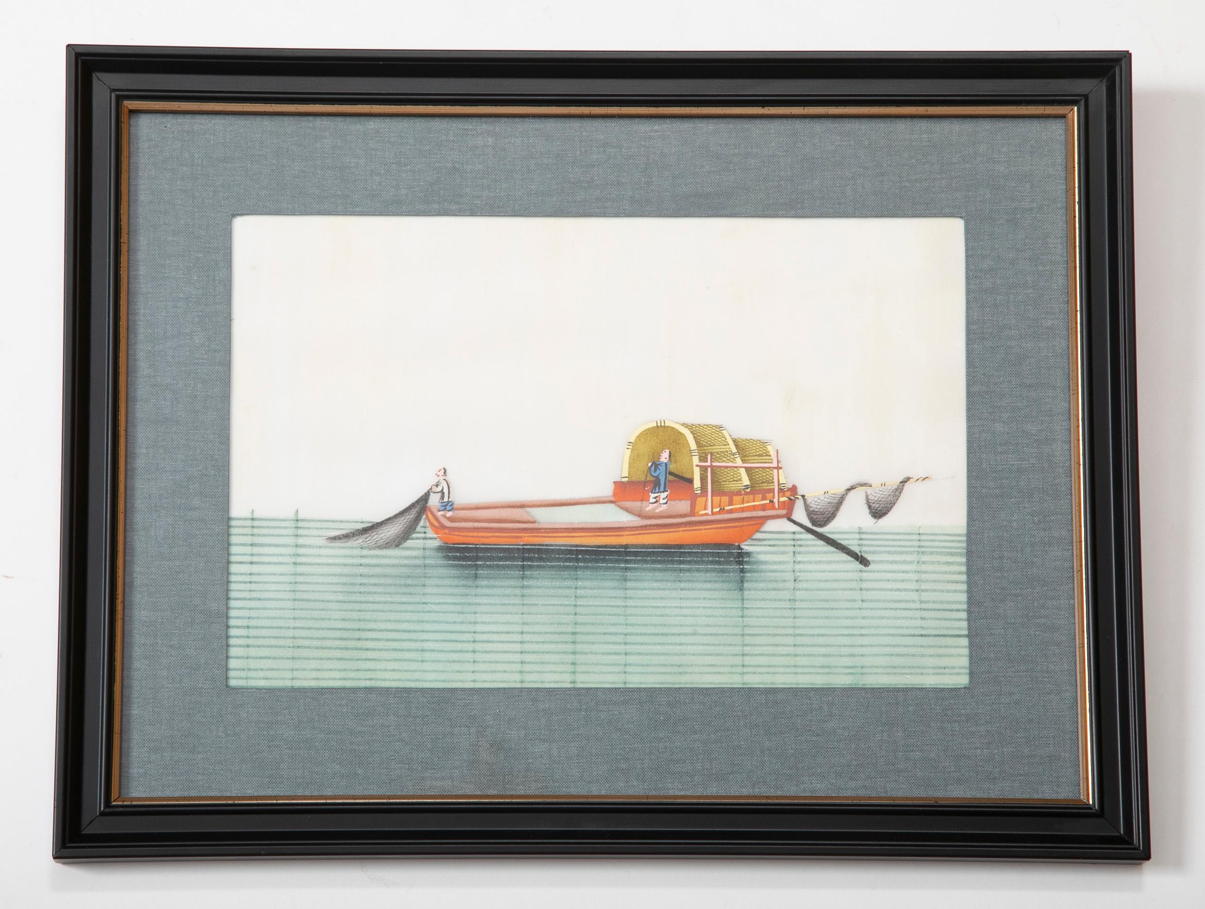 A charming and rare set of six Chinese gouaches of sailing vessels, or junks, painted on pith paper, beautifully framed and matted.
During the 18th and 19th centuries many port cities of China, especially southern Guandong province, were shipping
