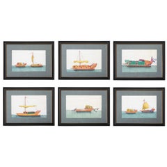 Set of Six 19th Century Chinese Export Pith Paintings of Junks