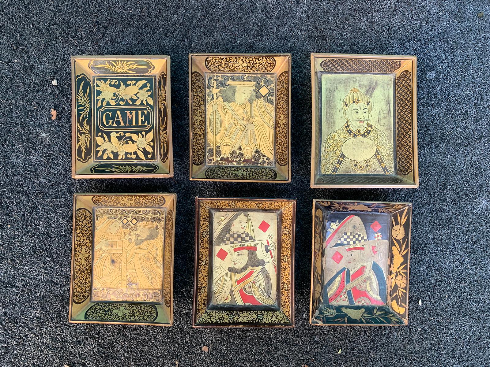 Set of six 19th century chinoiserie lacquered playing card trays.