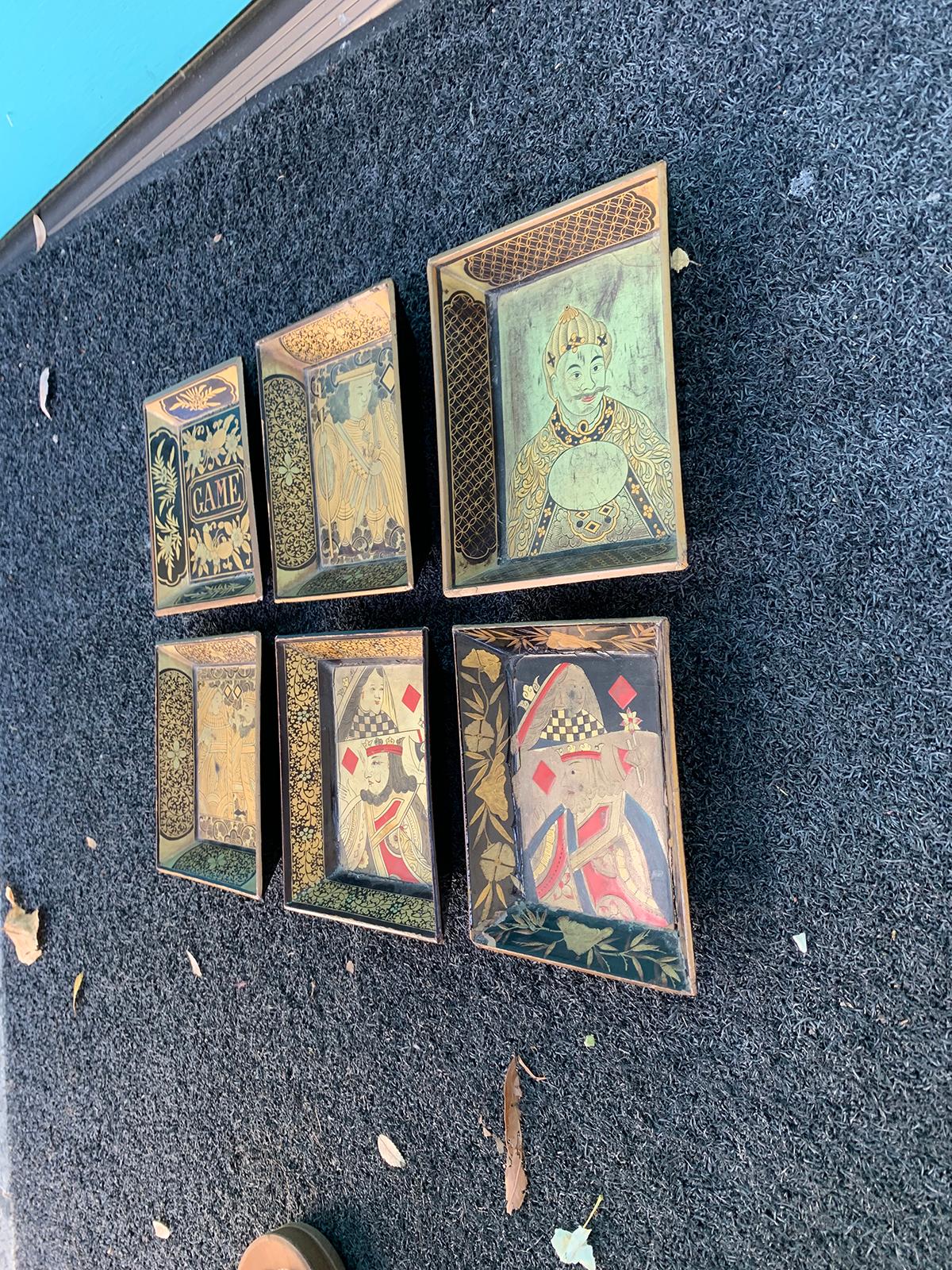 Set of Six 19th Century Chinoiserie Lacquered Playing Card Trays 5