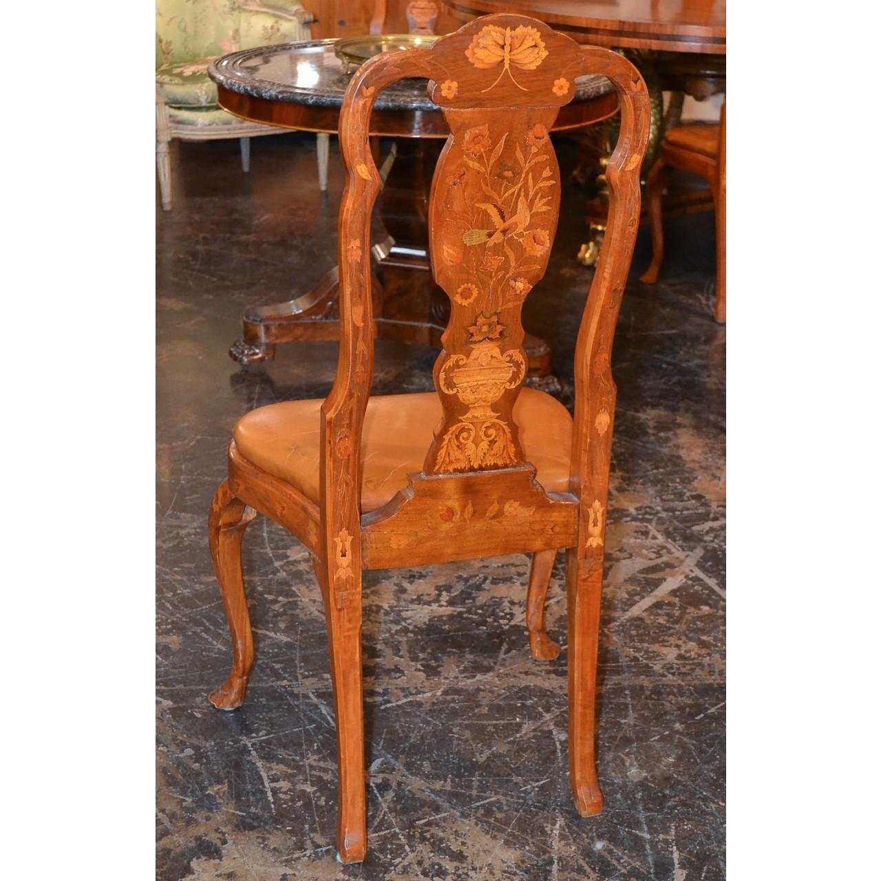 Late 19th Century Set of Six 19th Century Dutch Marquetry Inlaid Dining Chairs