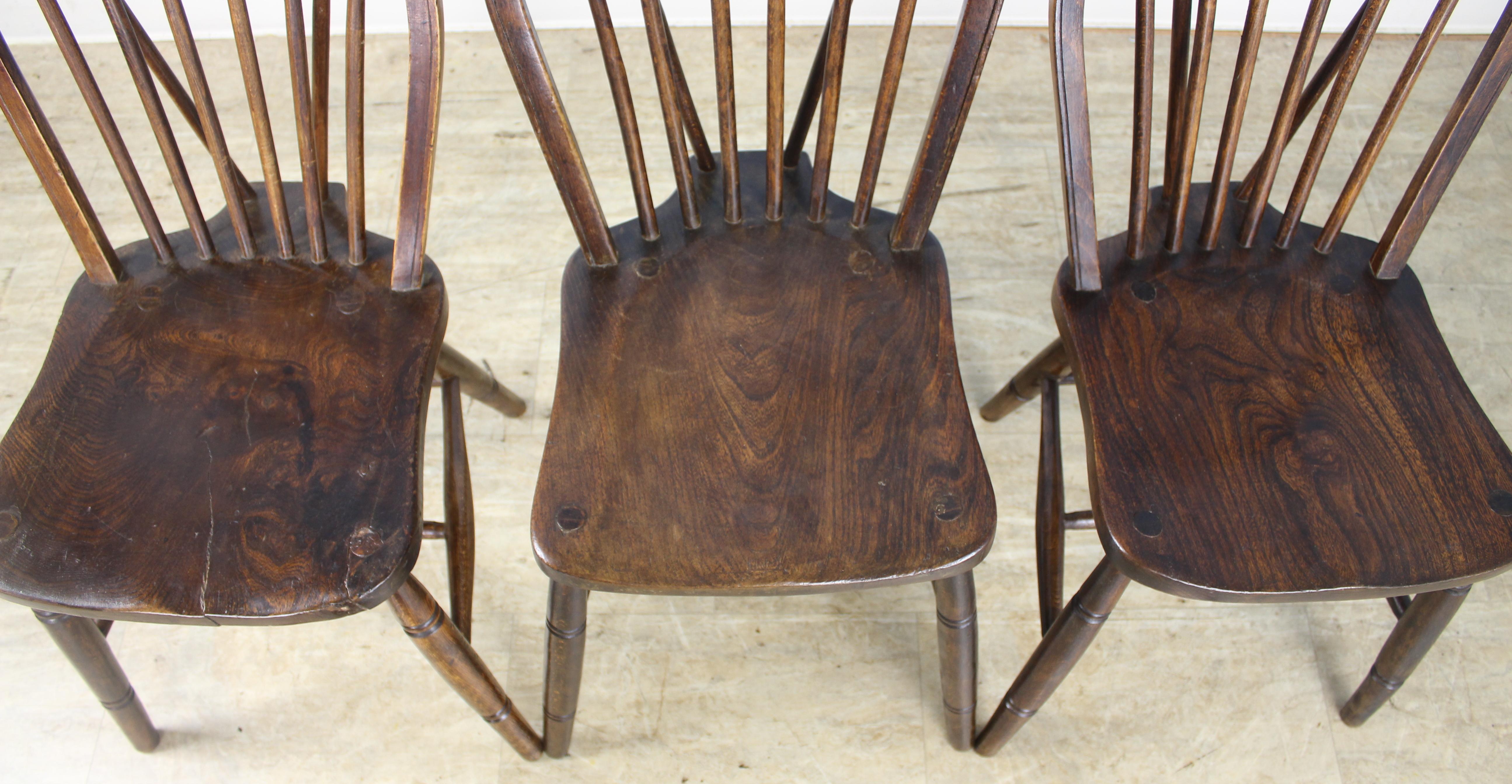 English Set of Six 19th Century Elm Stickback Windsor Chairs
