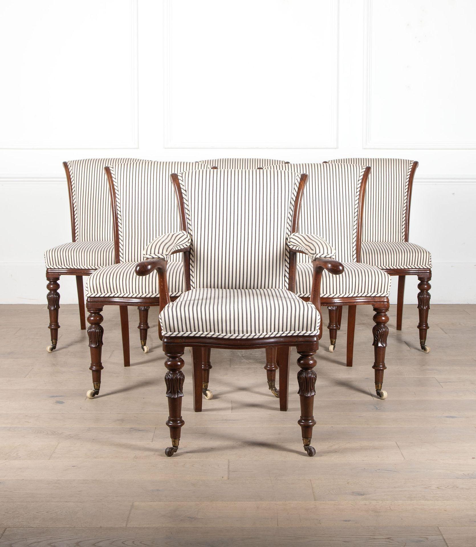 Set of Six 19th Century English mahogany dining chairs, one carver and five side chairs.
With original castors. Recently recovered in quality fabric.