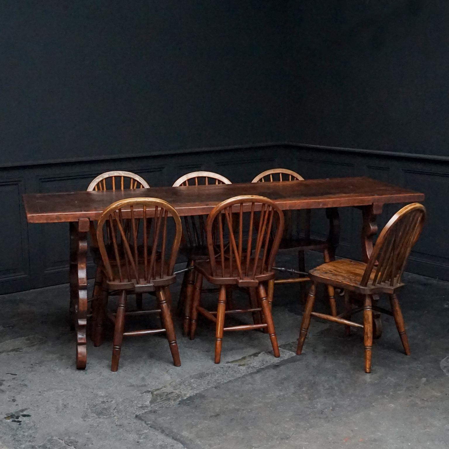Set of six 19th Century English Windsor Elmwood Hoop Back Kitchen Table Chairs For Sale 10