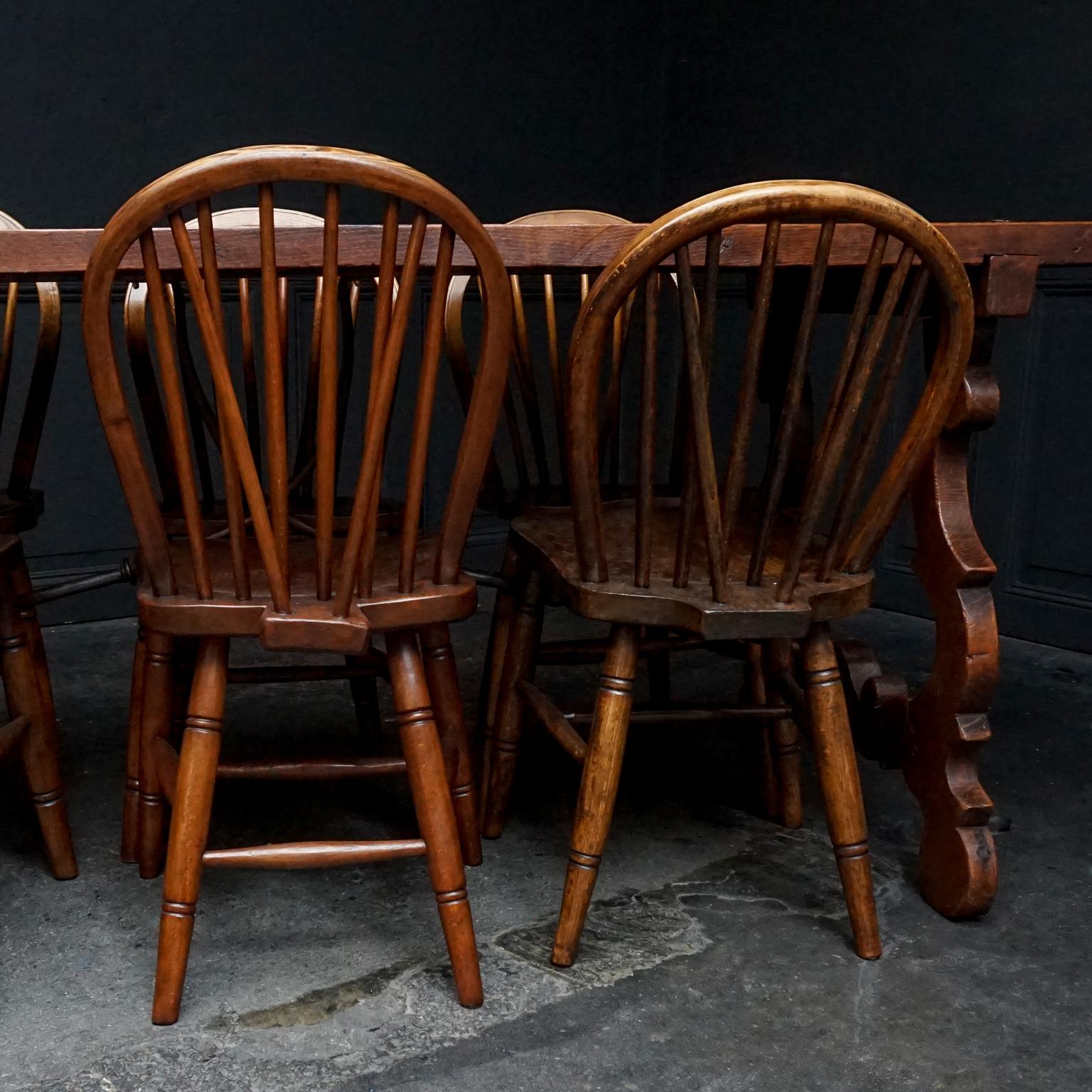 Set of six 19th Century English Windsor Elmwood Hoop Back Kitchen Table Chairs For Sale 11