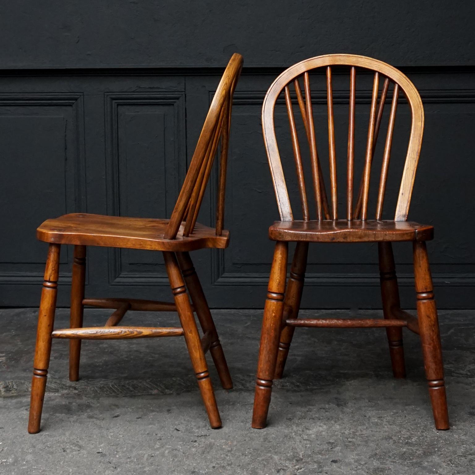British Set of six 19th Century English Windsor Elmwood Hoop Back Kitchen Table Chairs