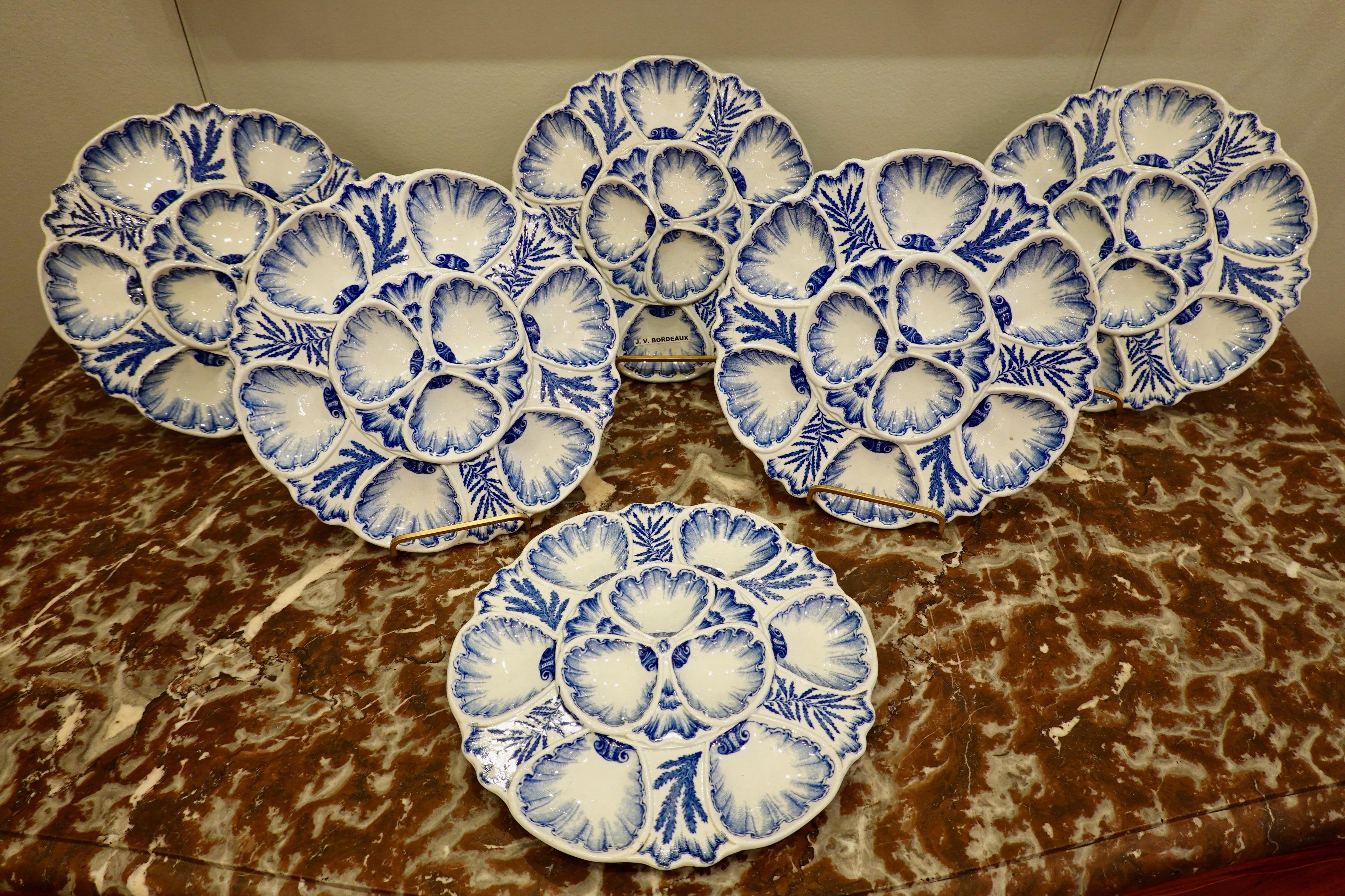 Napoleon III Set of Six 19th Century French Blue and White Oyster Plates from Bordeaux