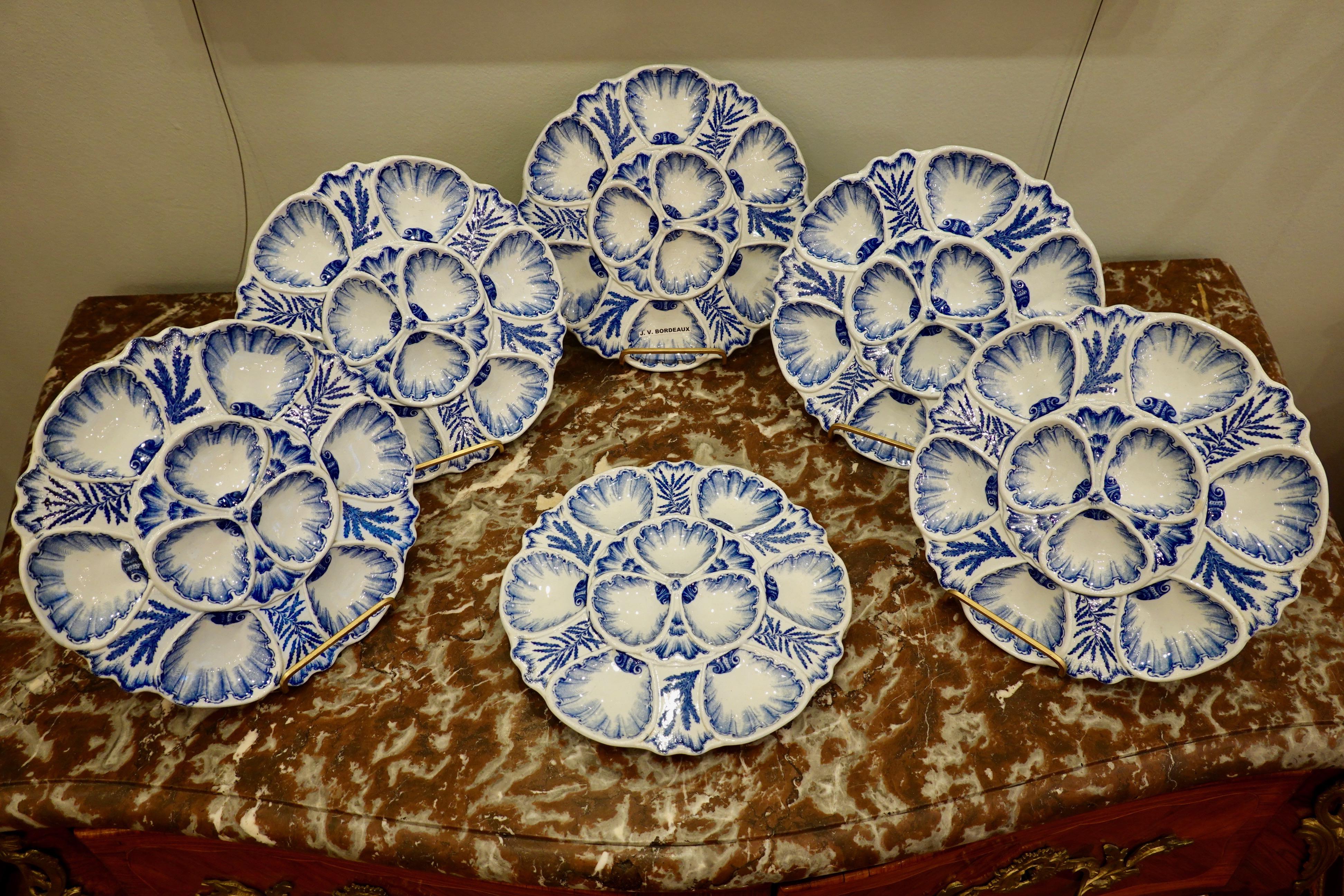 Glazed Set of Six 19th Century French Blue and White Oyster Plates from Bordeaux