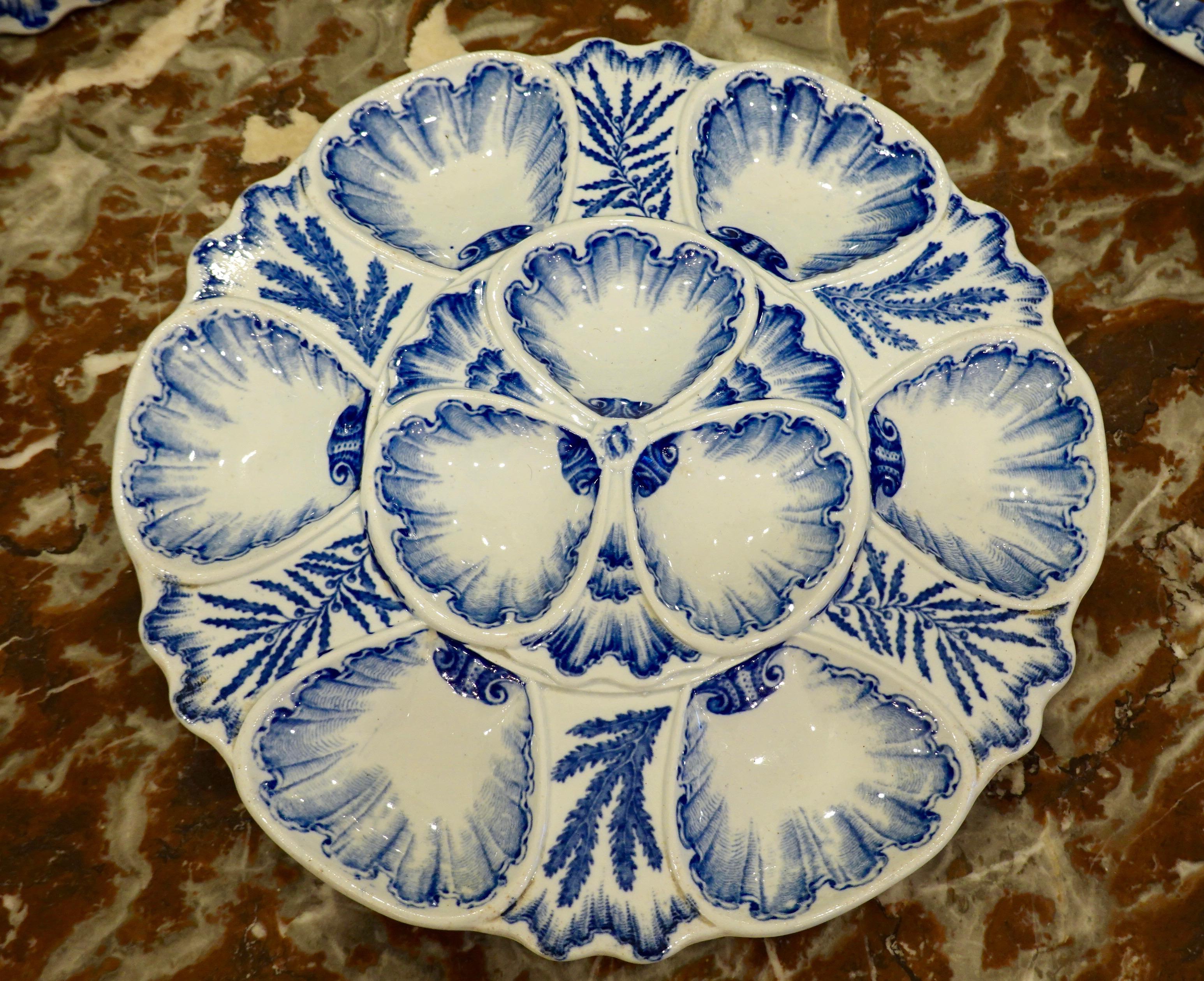 Faience Set of Six 19th Century French Blue and White Oyster Plates from Bordeaux