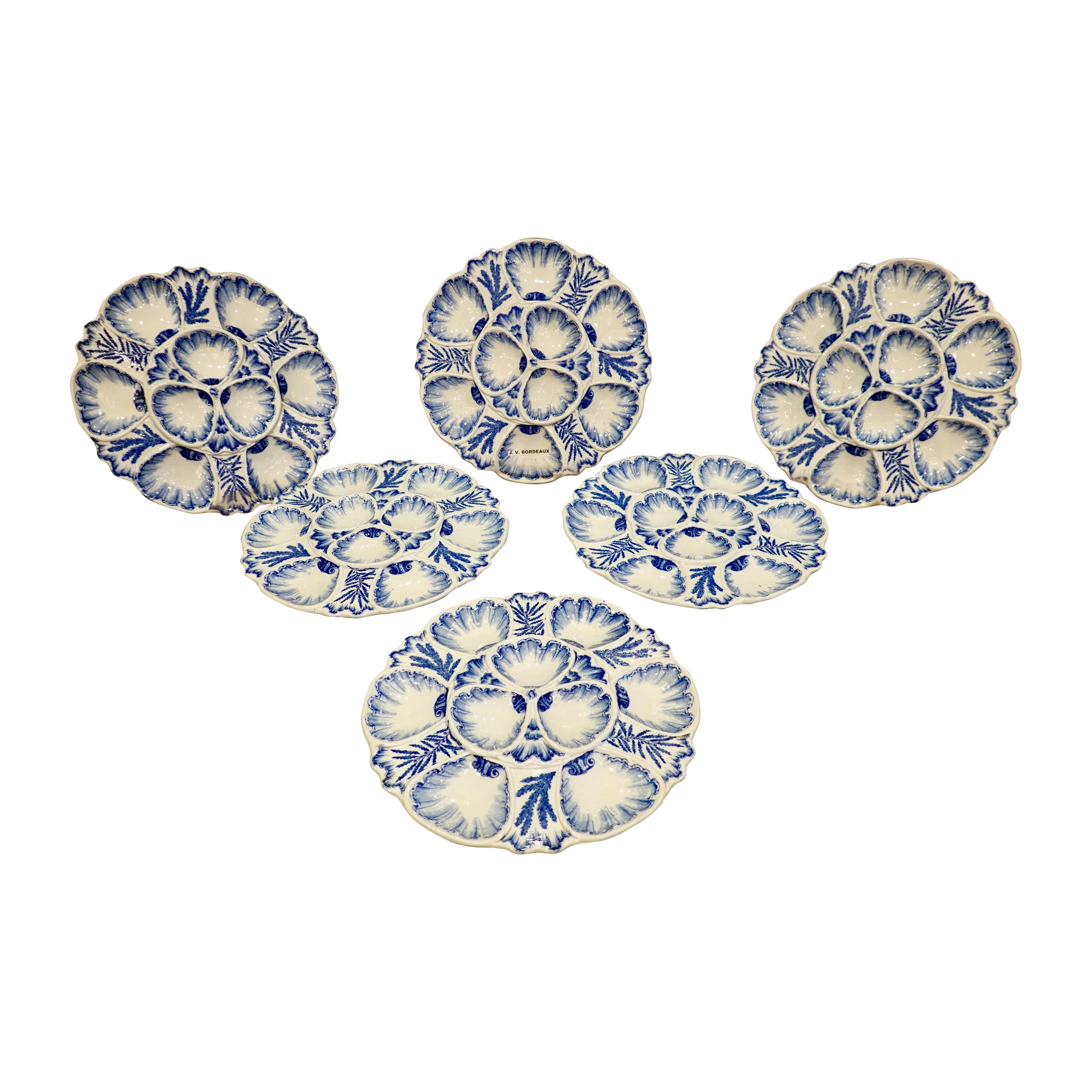 Set of Six 19th Century French Blue and White Oyster Plates from Bordeaux