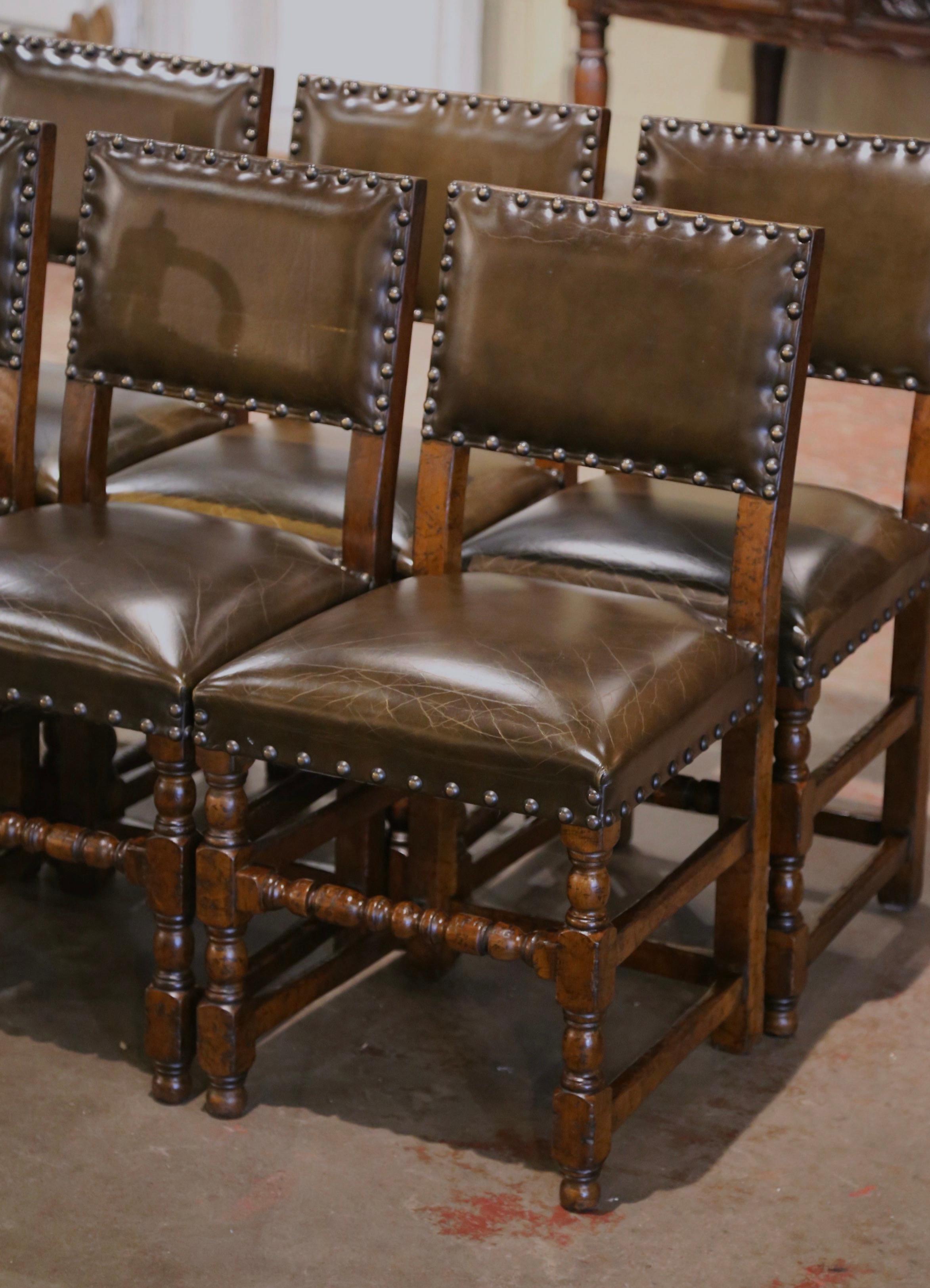 Louis XIII Set of Six 19th Century French Carved Oak and Leather Upholstered Chairs For Sale