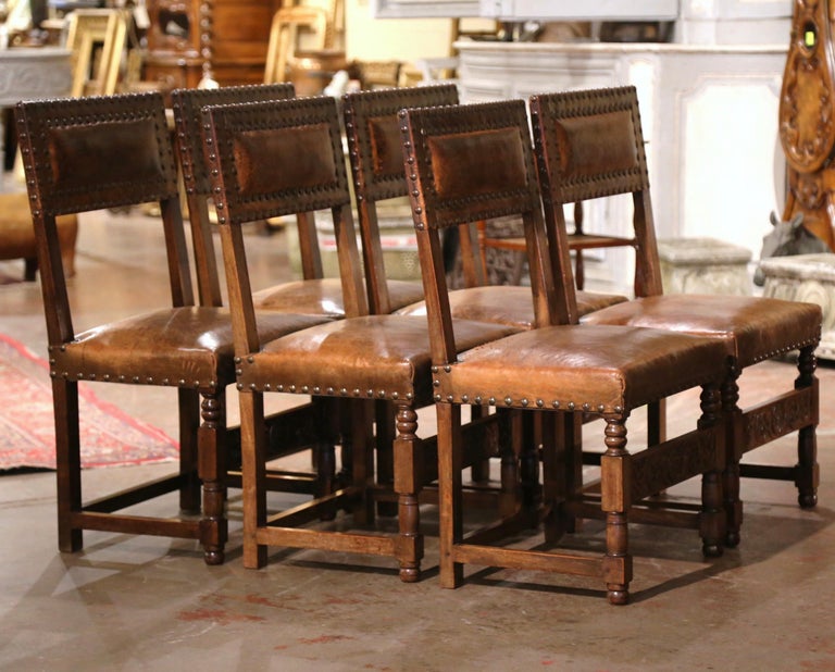 Set of Six 19th Century French Carved Oak and Leather Upholstered ...