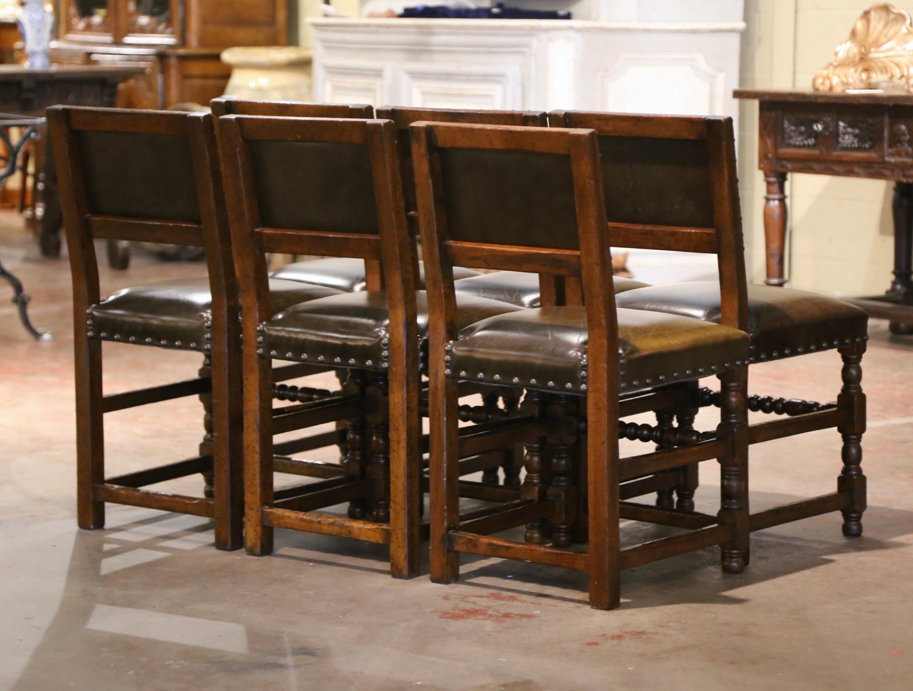 Set of Six 19th Century French Carved Oak and Leather Upholstered Chairs For Sale 3