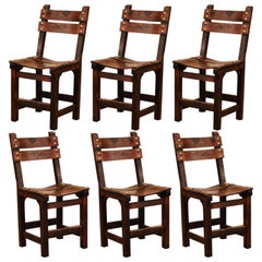 Set of Six 19th Century French Carved Pine Country Ladder Chairs