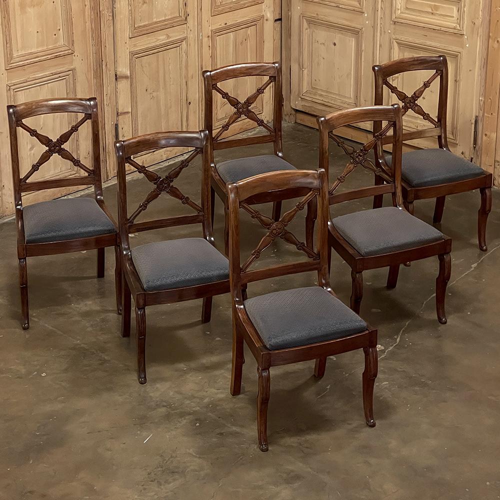 Hand-Crafted Set of Six 19th Century French Charles X Walnut Dining Chairs For Sale