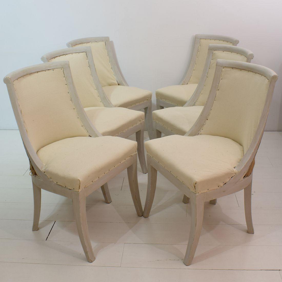 Beautiful set of six rare second Empire gondola dining chairs with a stunning patina of paint of later date. These chairs are made out of mahogany. Like fashion changes they have been painted which gave these chairs their stunning look. As you can