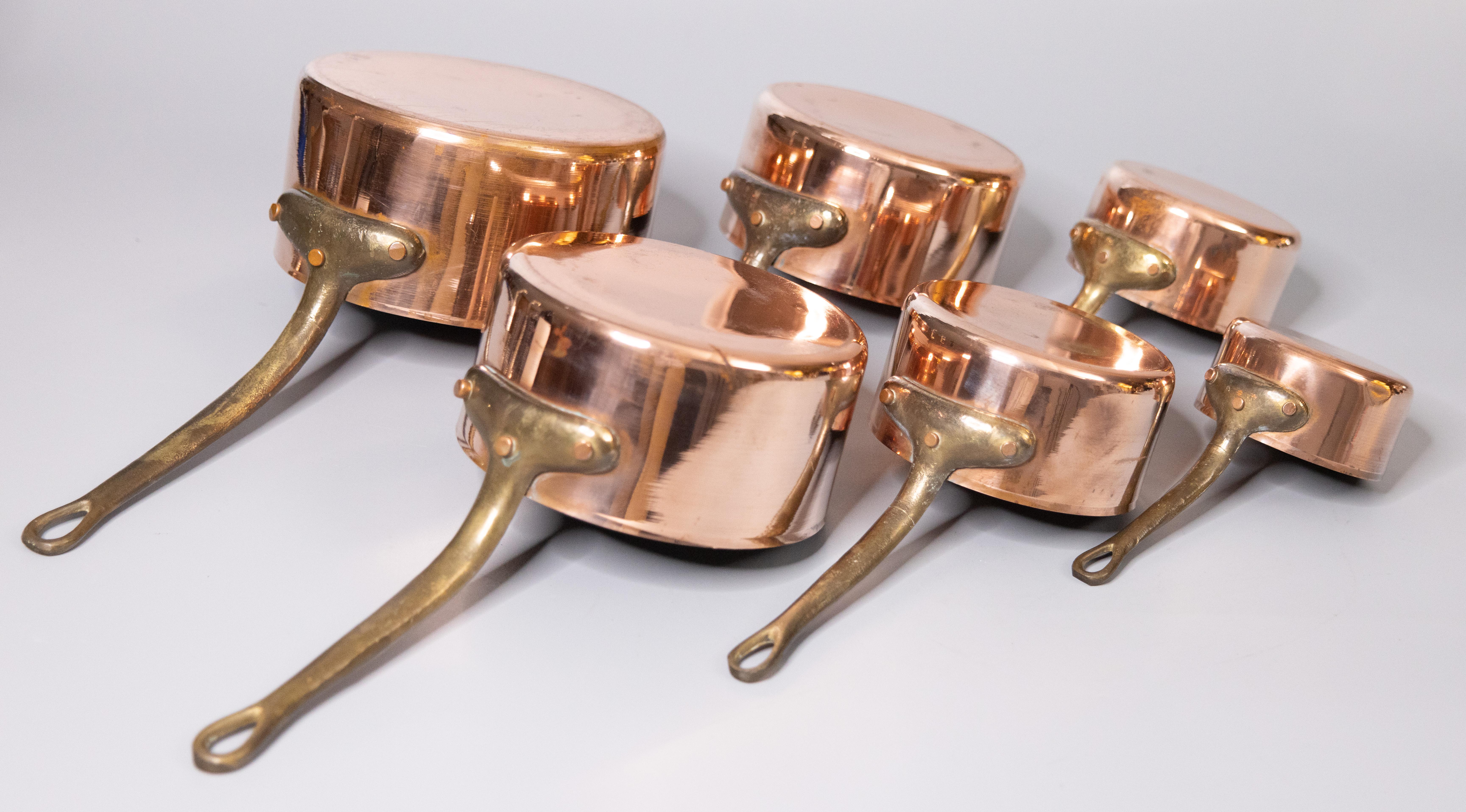 Set of Six 19th Century French Graduated Set of Copper & Brass Pots Sauce Pans 7
