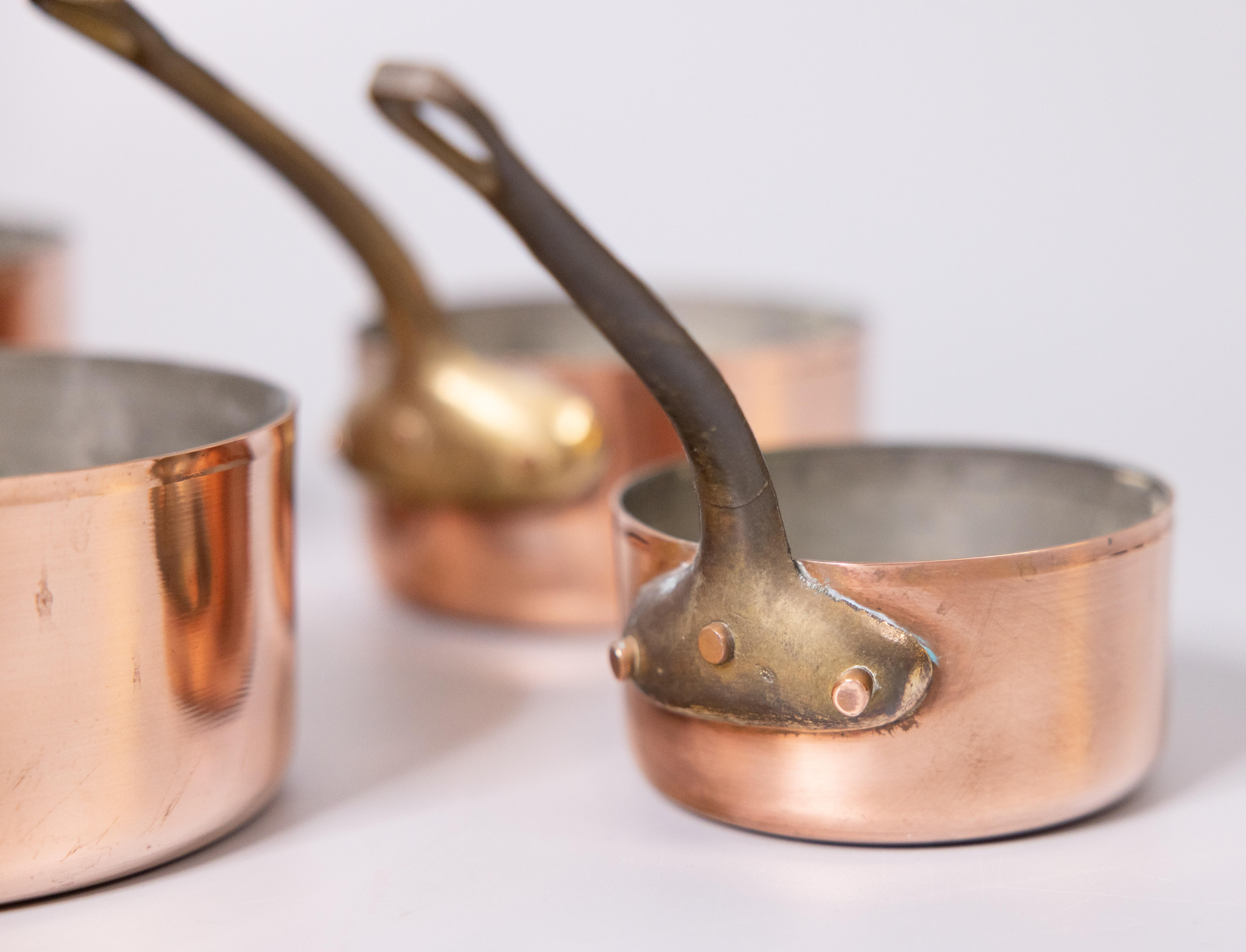 Set of Six 19th Century French Graduated Set of Copper & Brass Pots Sauce Pans 1