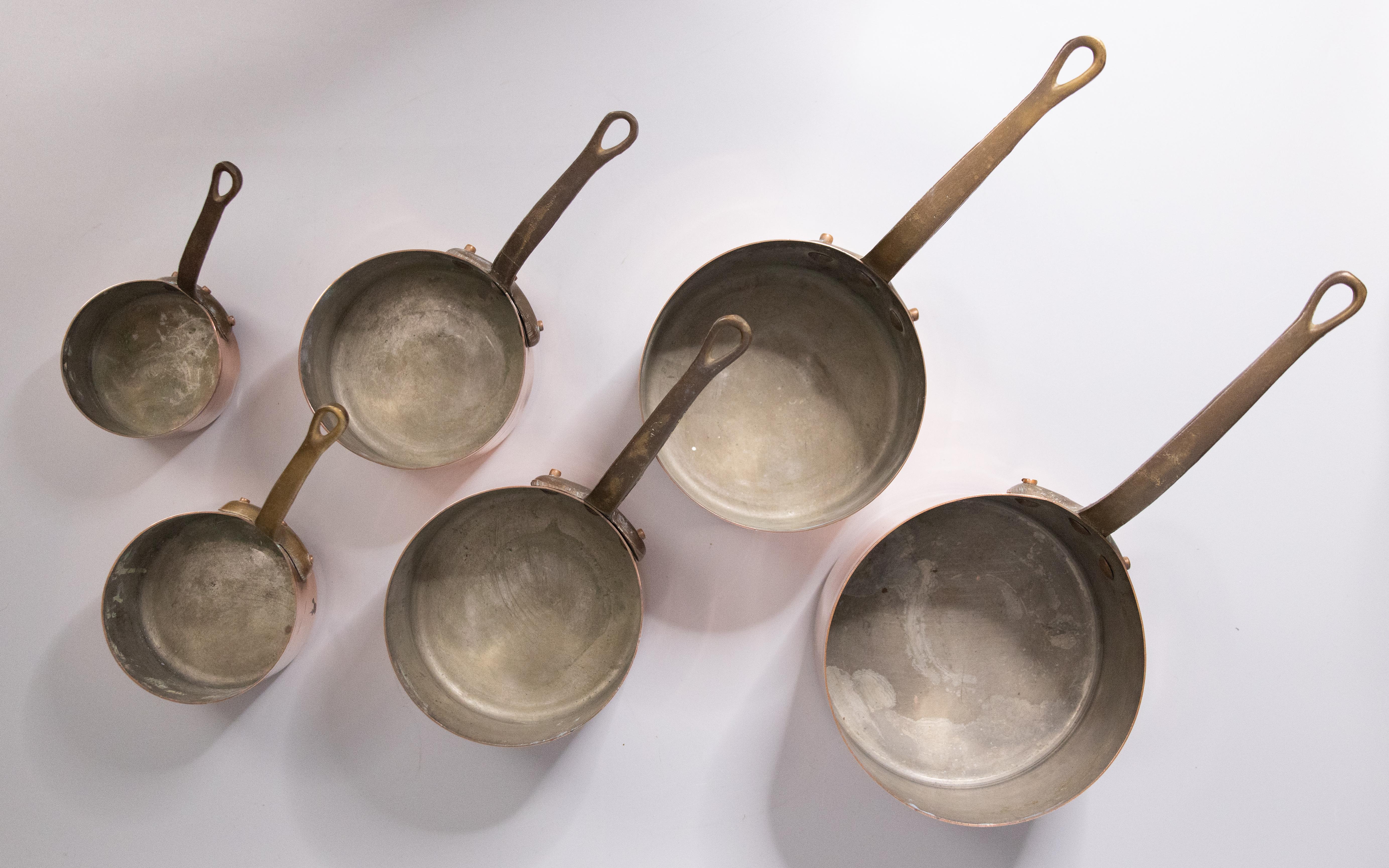 Set of Six 19th Century French Graduated Set of Copper & Brass Pots Sauce Pans 5