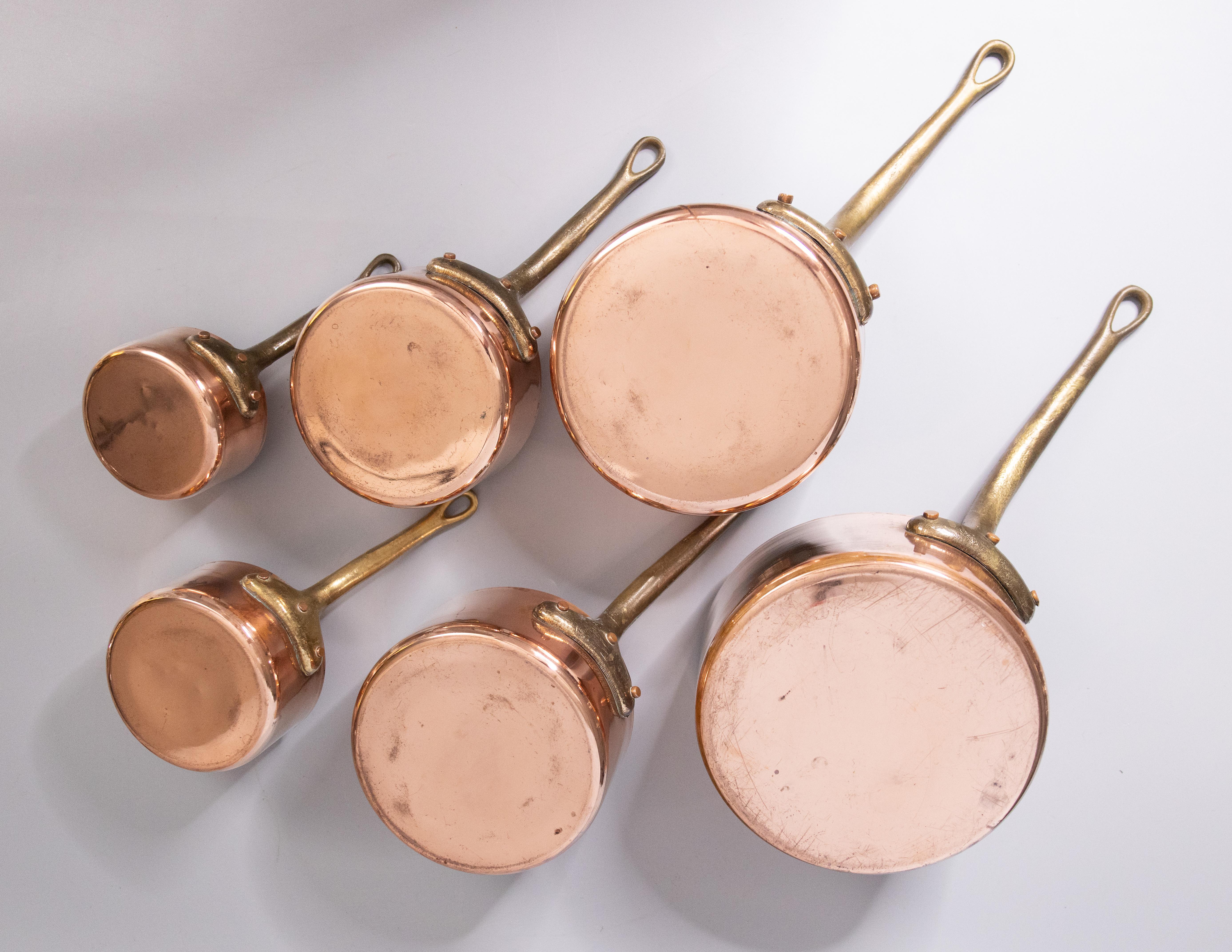 Set of Six 19th Century French Graduated Set of Copper & Brass Pots Sauce Pans 6